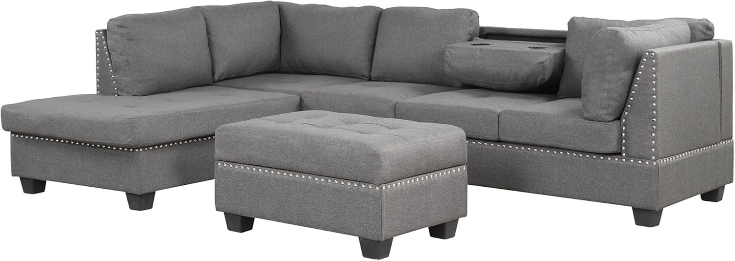 Sectional Sofas 3-Seat Sofa Sectional Sofa Couches with Reversible Chaise Storage Ottoman and 2 Cup Holders, Sofa Lounge and Ottoman for Living Room Furniture