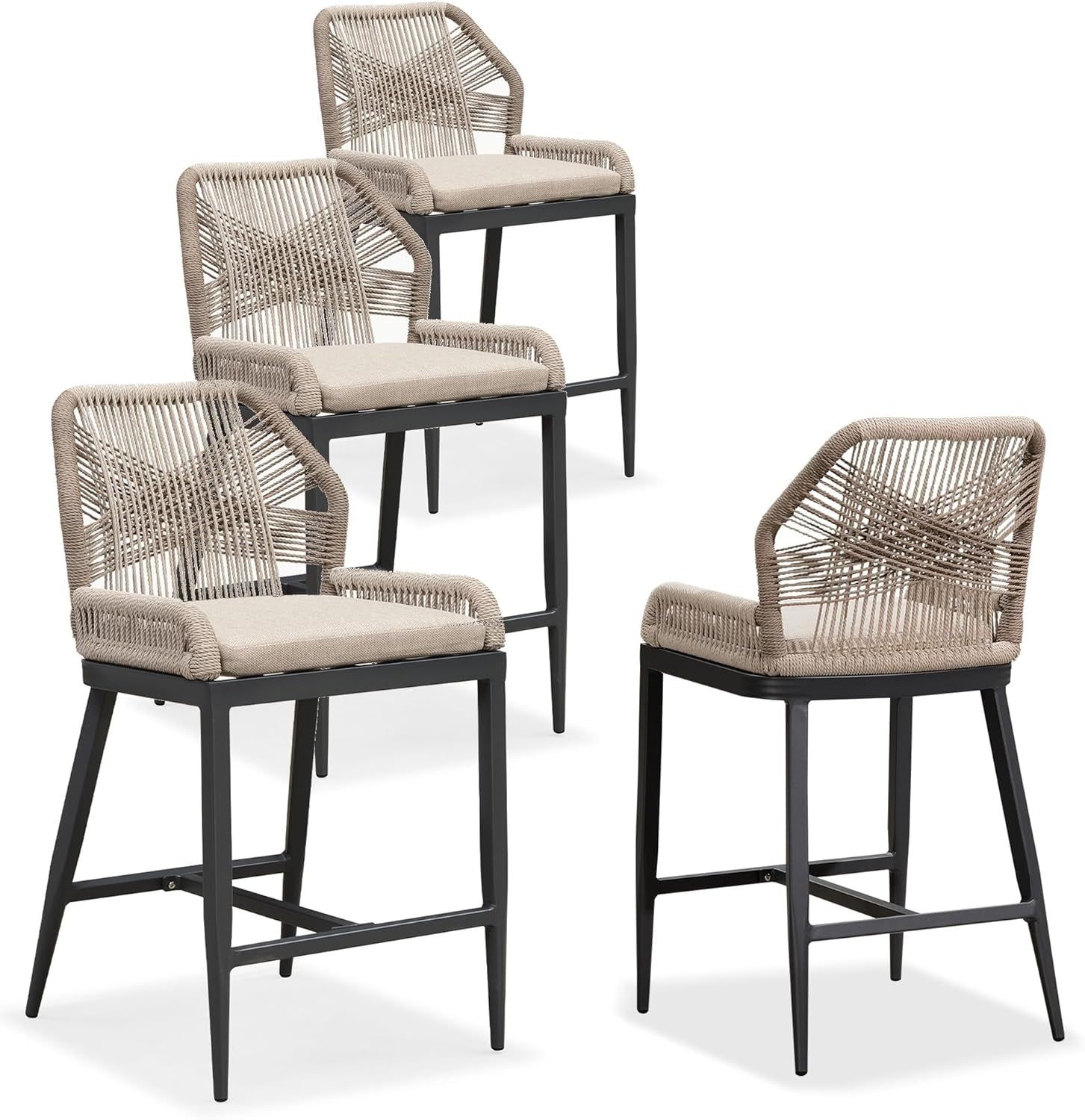 Counter Height Bar Stools Set of 4 Rattan Wicker Outdoor Metal Boho Barstools with Back and Footrest Patio Garden Balcony Pool Bar Chairs