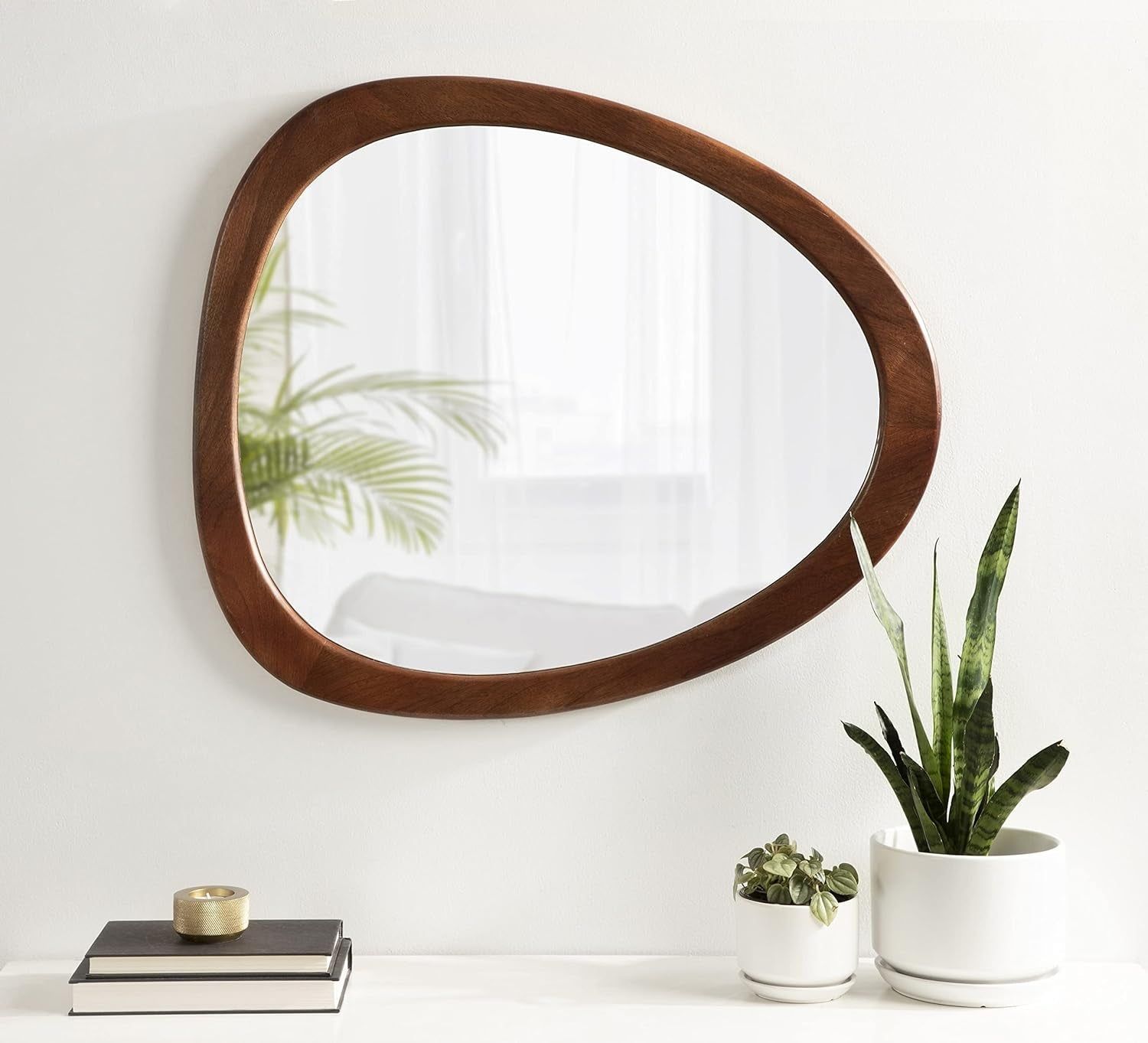 Mckinder Asymmetrical Wood Wall Mirror, 24 X 28, Walnut Brown, Decorative Geometric Mirror with Sturdy Wooden Frame and Unique Finish