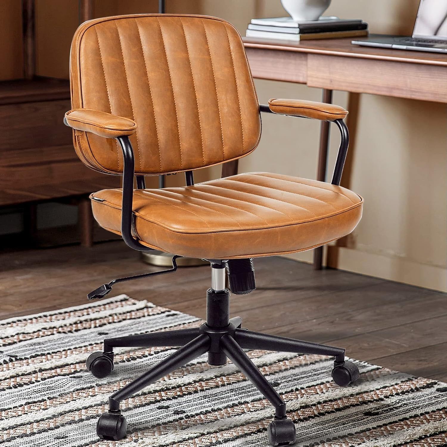 Mid Century Desk Chair Leather Office Chair Brown Office Desk Chair Home Office Chair with Wheels and Arms