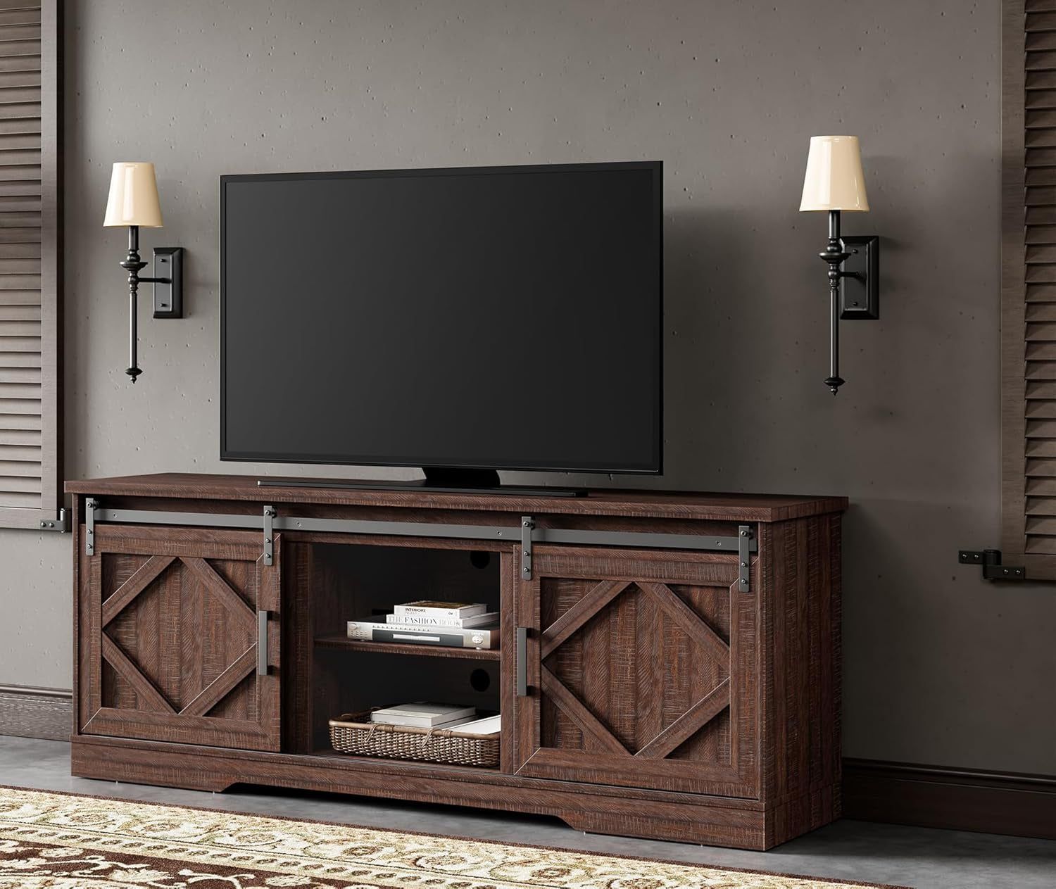 75 in Farmhouse TV Stand with Sliding Barn Door,Wood Entertainment Center with Storage for Living Room, Rustic Brown