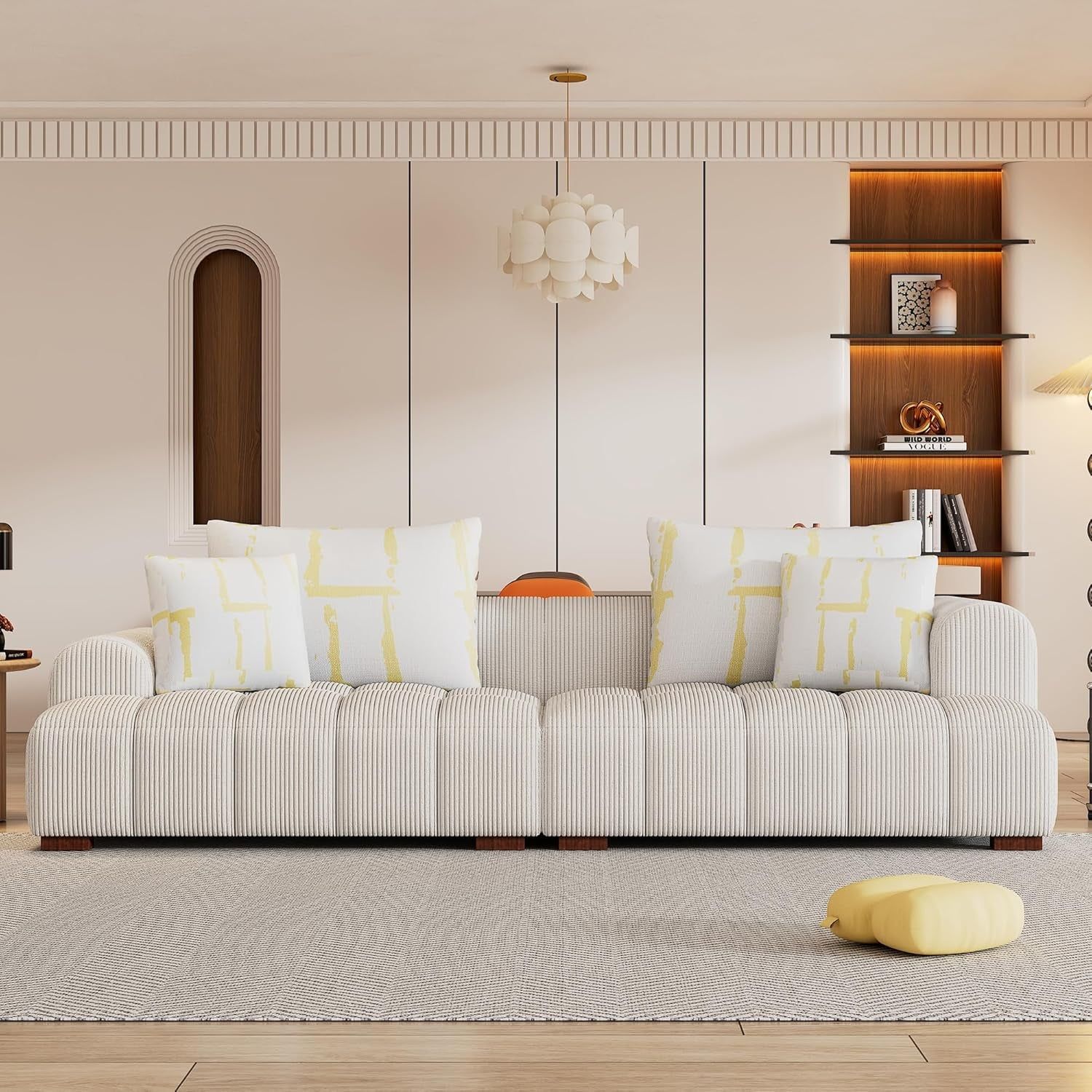 103.9&quot; Living Room Sofa Set, Modern Couch Corduroy Fabric Comfy Sofa with Rubber Wood Legs, 4 Pillows for Living Room/Bedroom/Office, Beige