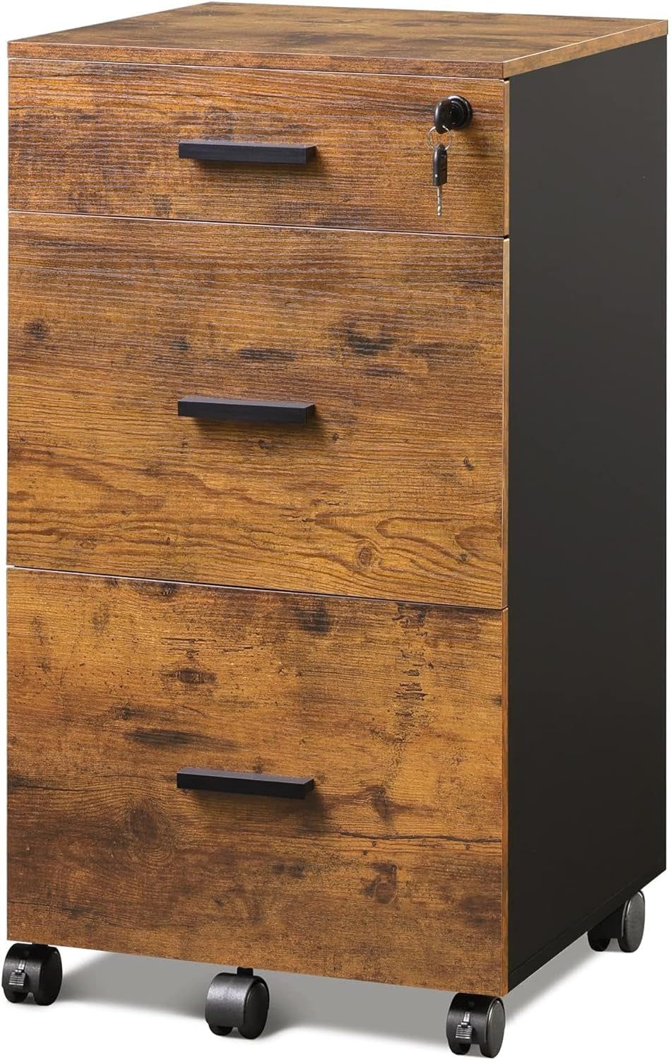 3 Drawer Rolling File Cabinet with Lock, Wood Filing Cabinet Fits Letter / A4 Size for Home Office, Rustic Brown