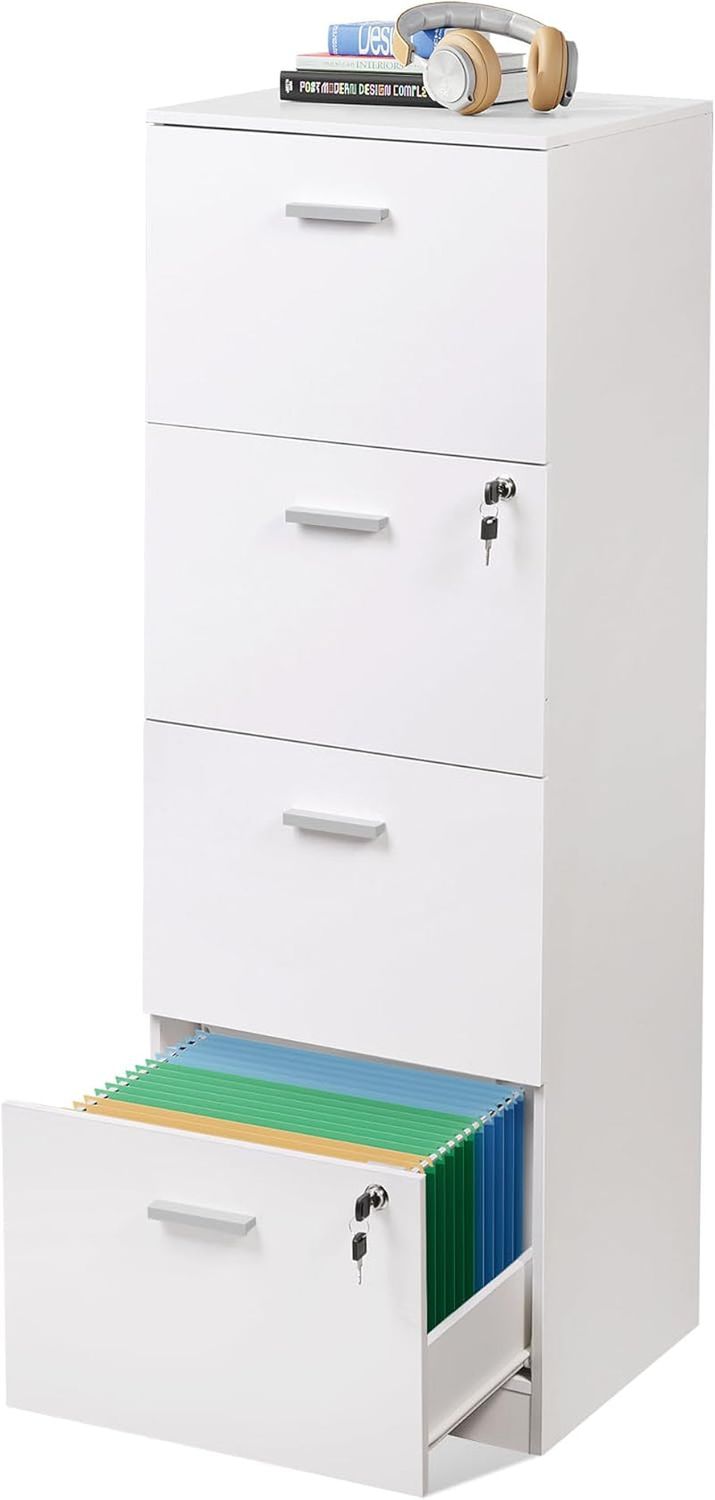 4 Drawer File Cabinet with Lock, Vertical Filing Cabinet for A4/Letter Size Files, Wood Storage Cabinet for Home Office, White