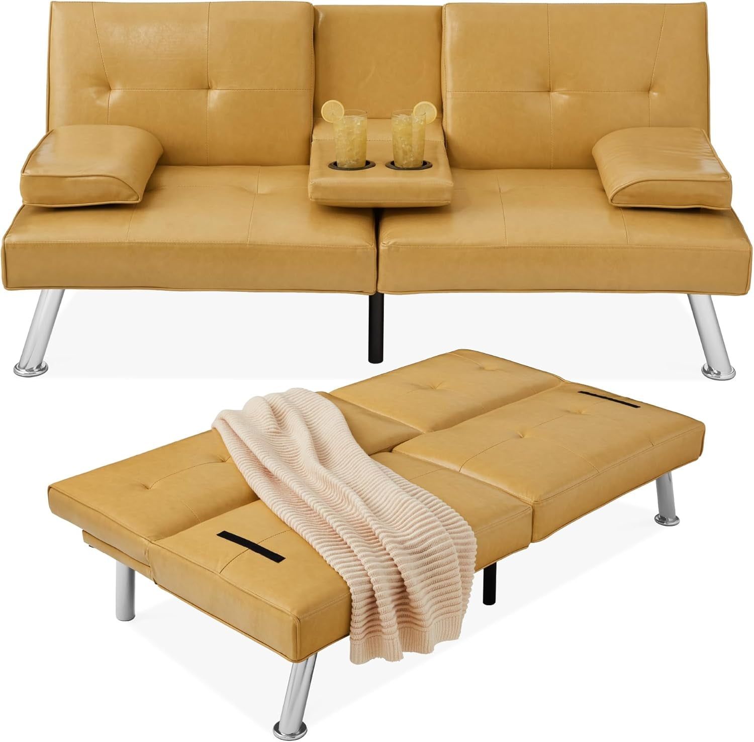 Faux Leather Upholstered Modern Convertible Futon, Adjustable Folding Sofa Bed, Guest Bed W/Removable Armrests - Camel Yellow