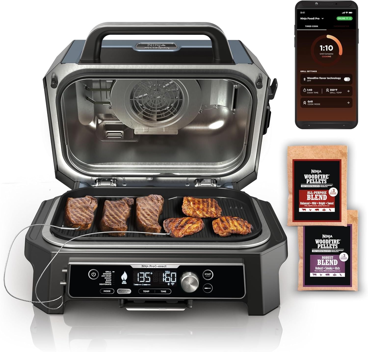 OG951 Woodfire Pro Connect Premium XL Outdoor Grill &amp; Smoker, Bluetooth, App Enabled, 7-In-1 Master Grill, BBQ Smoker, Outdoor Air Fryer, Woodfire Technology, 2 Built-In Thermometers, Black