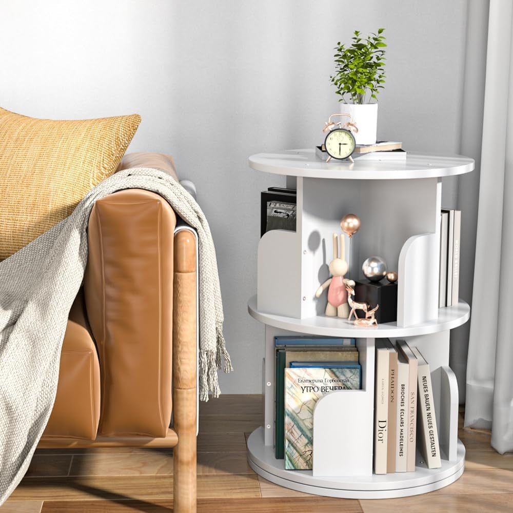 Rotating Bookshelf, Revolving Bookcase 360 Display round Bookshelf Narrow Swivel Corner Book Shelf Standing Bookcase for Adult Bedroom, Living Room (White, 2 Tier)