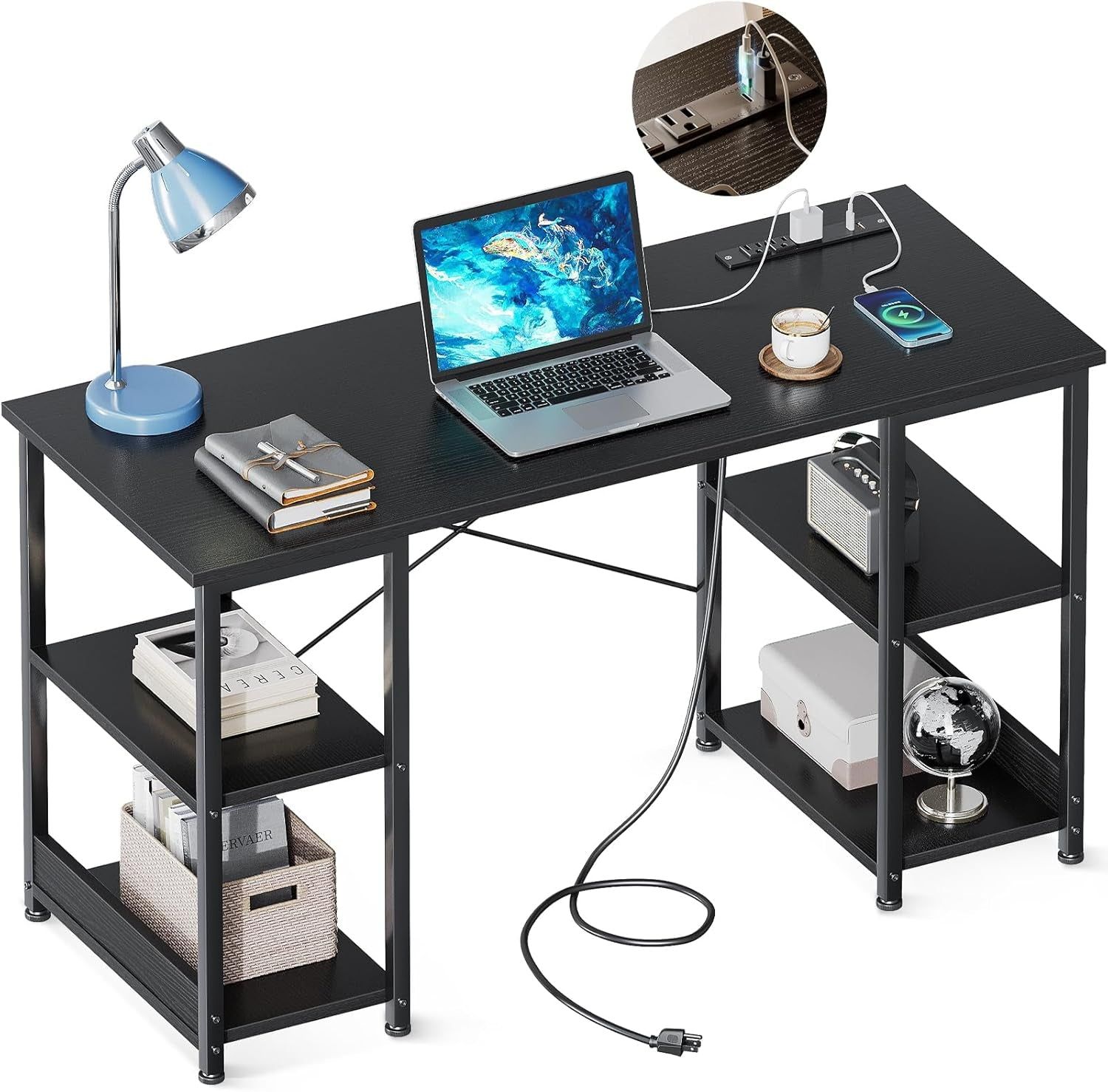 40 Inch Small Computer Desk with Power Outlets &amp; USB Charging Port, Modern Simple Style Desk for Small Spaces Home Office, Study Student Writing Desk, Kids Desk, Black