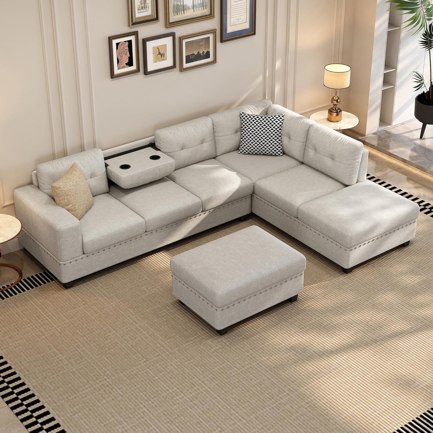 Sectional Sofa Couch with Reversible Chaise and Ottoman, Linen L-Shape Couch with 2 Pillows and Cup Holder, Sectional Sofas for Living Room (Light Gray)