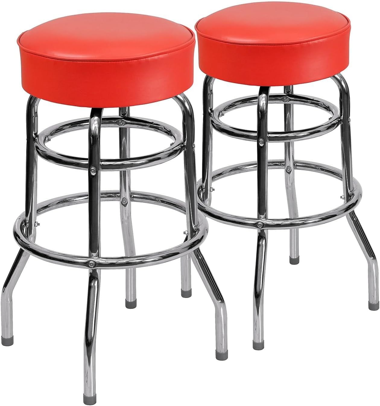 Bruno 2 Pack Double Ring Chrome Barstool with Red Seat