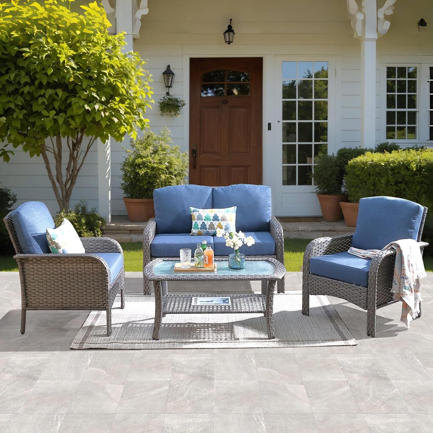 Denim Blue 4 Pieces Patio Furniture Set with Cushions