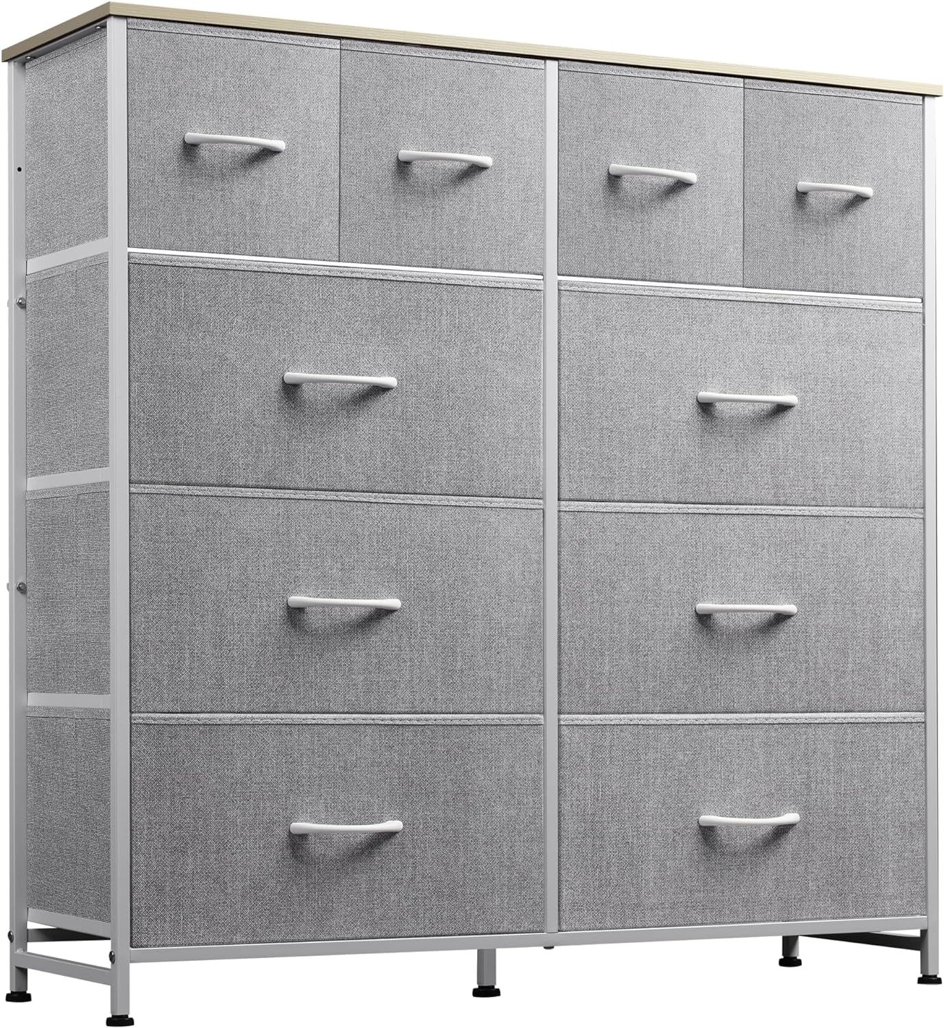 Fabric Dresser for Bedroom, Dresser with 10 Drawers, Storage Tower with Fabric Bins, Double Dresser, Chest of Drawers for Closet, Living Room, Hallway, Light Grey