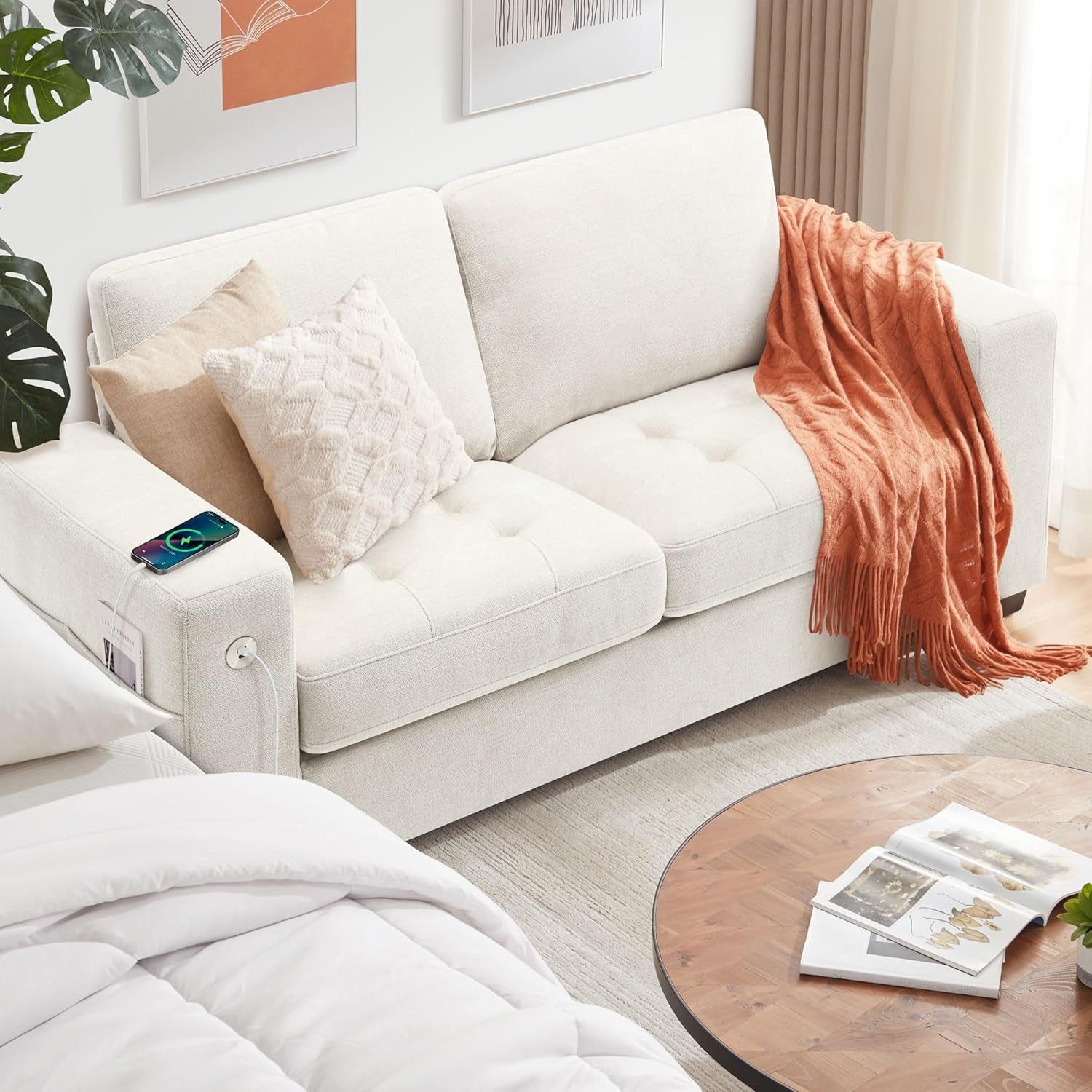 Sofa 70 Inch Loveseat with Usb/Type-C Charging Port &amp; Side Pocket, Comfy Modern 2-Seats Sofa for Living Room &amp; Bedroom, Removable Medium Firm Sofa Cushion, Breathable Chenille Fabric, Beige