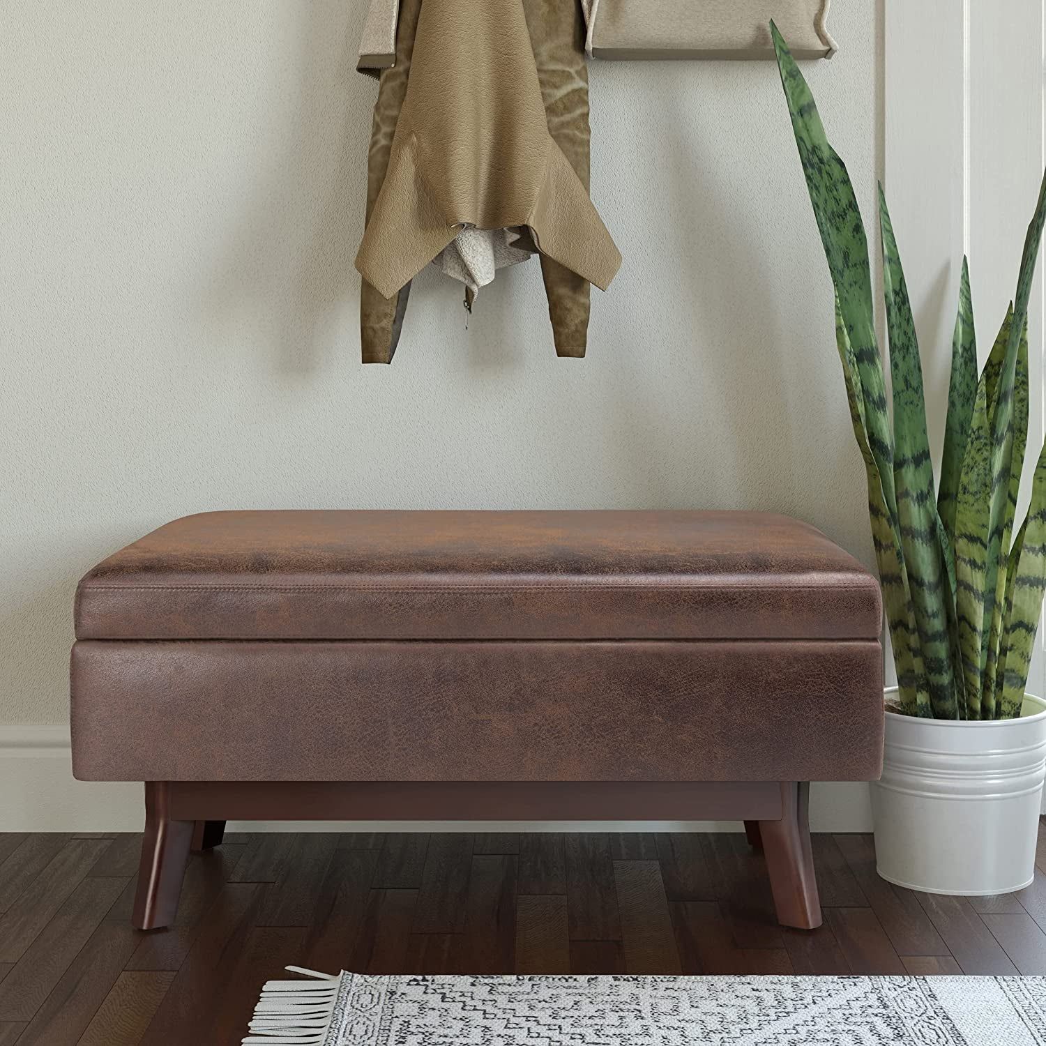 Mid Century Modern Storage Ottoman in Chestnut Brown