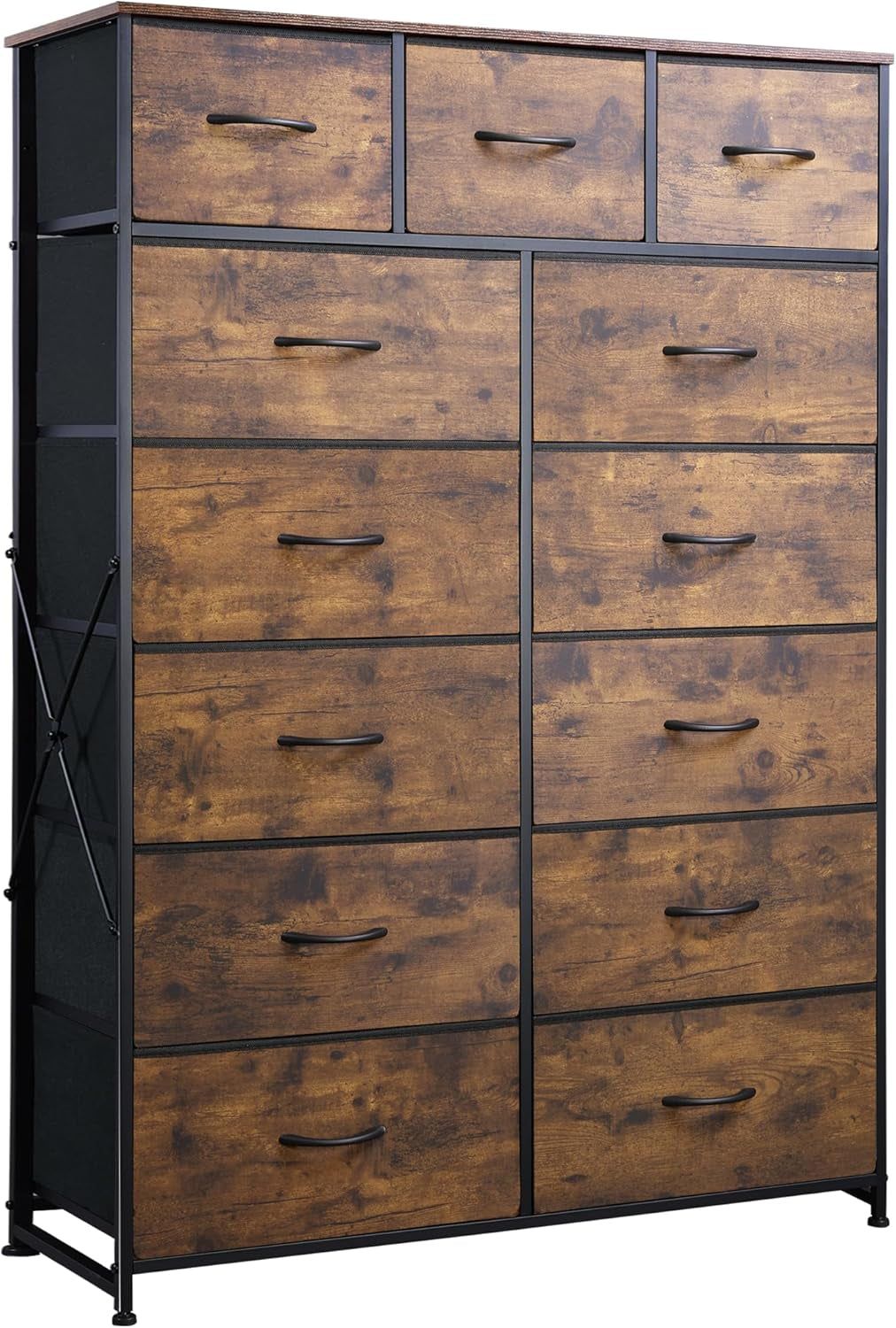Tall Dresser for Bedroom with 13 Drawers, Storage Dresser Organizer Unit, Fabric Dresser for Bedroom, Closet, Chest of Drawers, Steel Frame, Wood Top, Rustic Brown Wood Grain Print