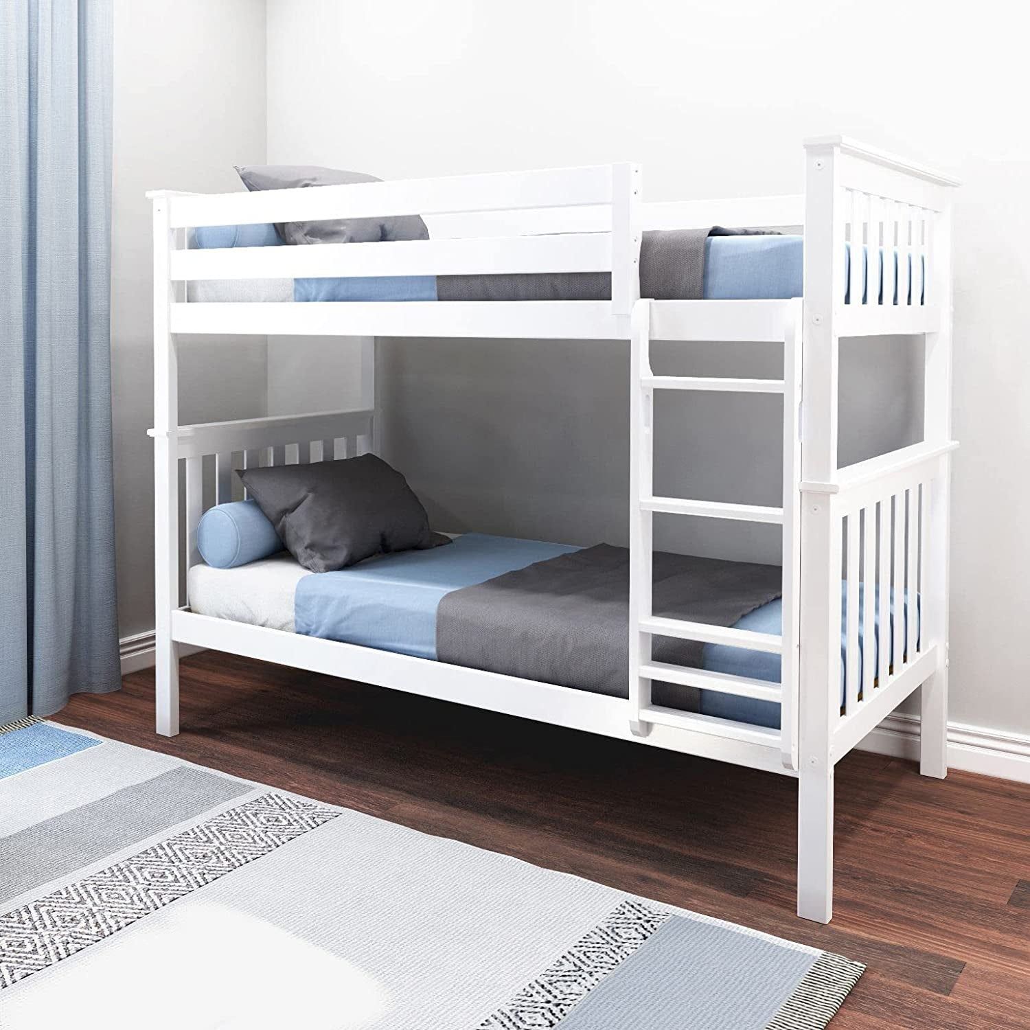 Bunk Bed Twin over Twin, Solid Wood Bunk Bed Frame with Ladder for Kids, 14&quot; Safety Guardrails, Easy Assembly, No Box Spring Needed, White