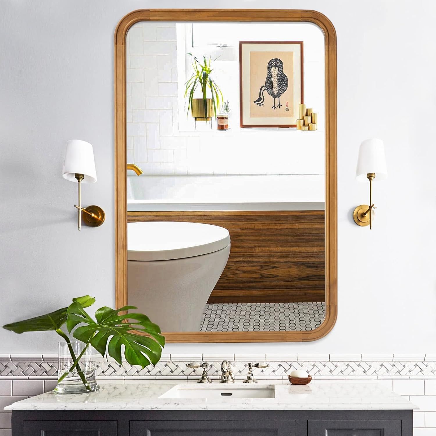 Wood Framed Mirrors for Bathroom, 24X36 Inch Wooden Frame Wall Mirror Farmhouse Wall Mounted Rectangle Mirror for Vanity (Horizontal/Vertical)
