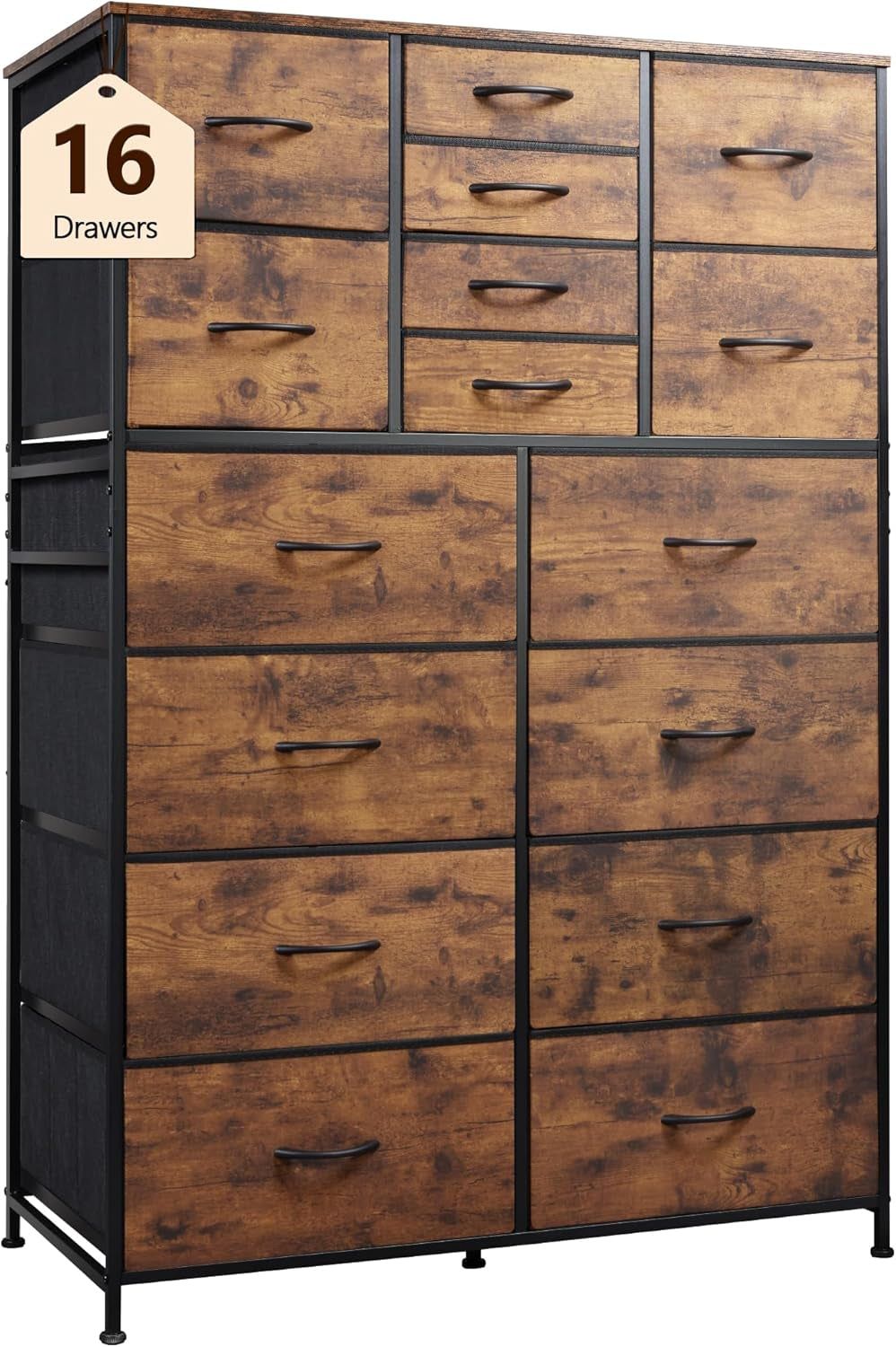 Tall Dresser for Bedroom, Fabric Dresser Storage Tower with 16 Drawers, Chest of Drawers Organizer Unit, Storage Cabinet, Hallway, Closets, Steel Frame, Rustic Brown Wood Grain Print