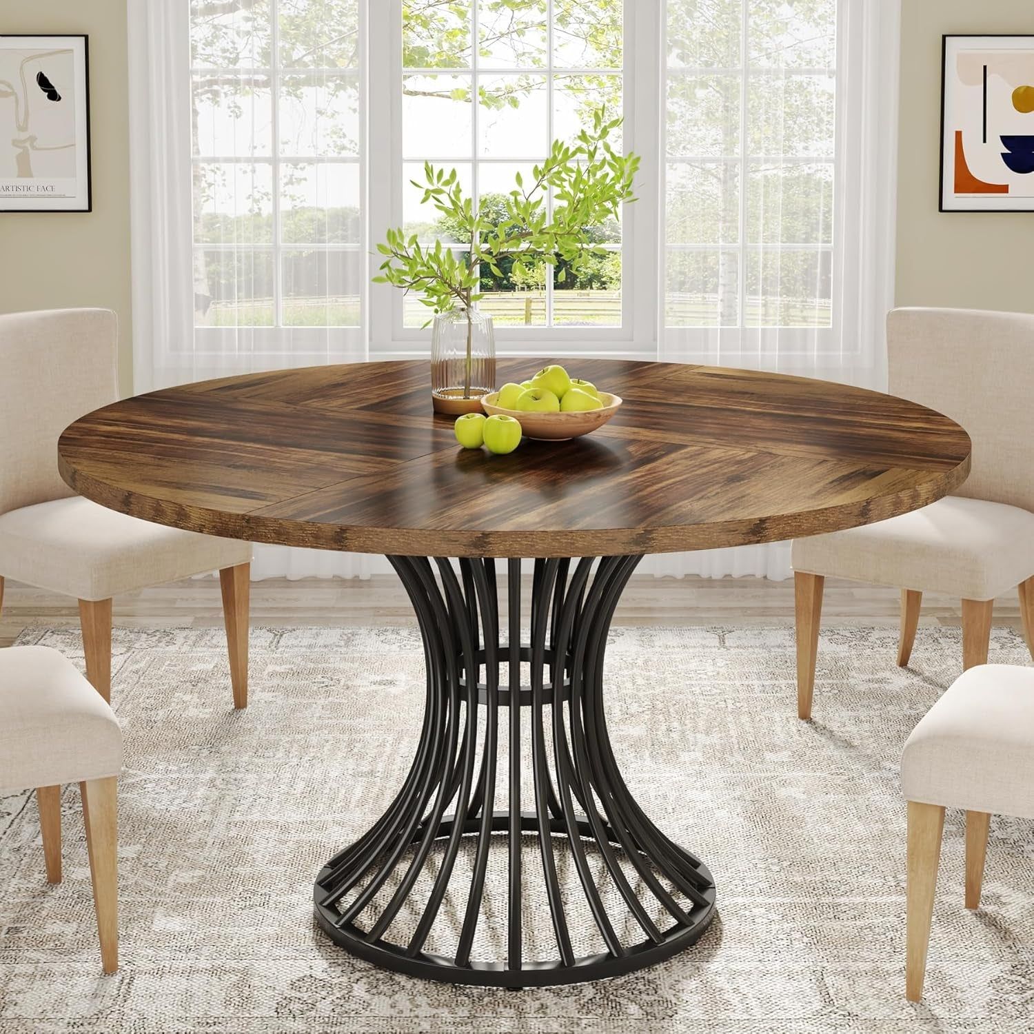 round Dining Table for 4-6 People, 47-Inch Farmhouse Dinning Room Table Circle Kitchen Table, Industrial Dinner Table with Metal Base for Kitchen, Living Room, Black and Brown