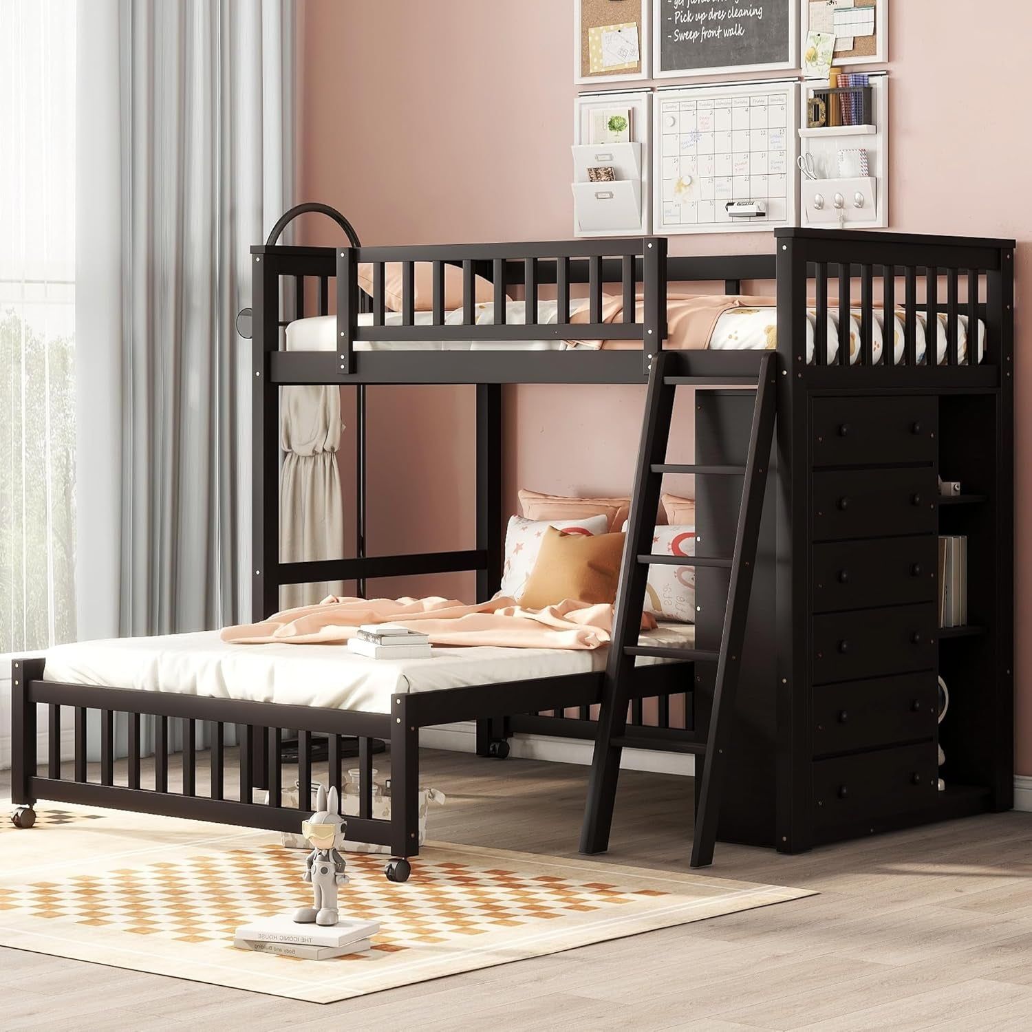 Twin over Full Bunk Beds with Six Drawers and Flexible Shelves,Wooden Bunk Beds with Storage and Removable Bottom Bed for Kids Girls Boys,No Box Spring Needed (Espresso)