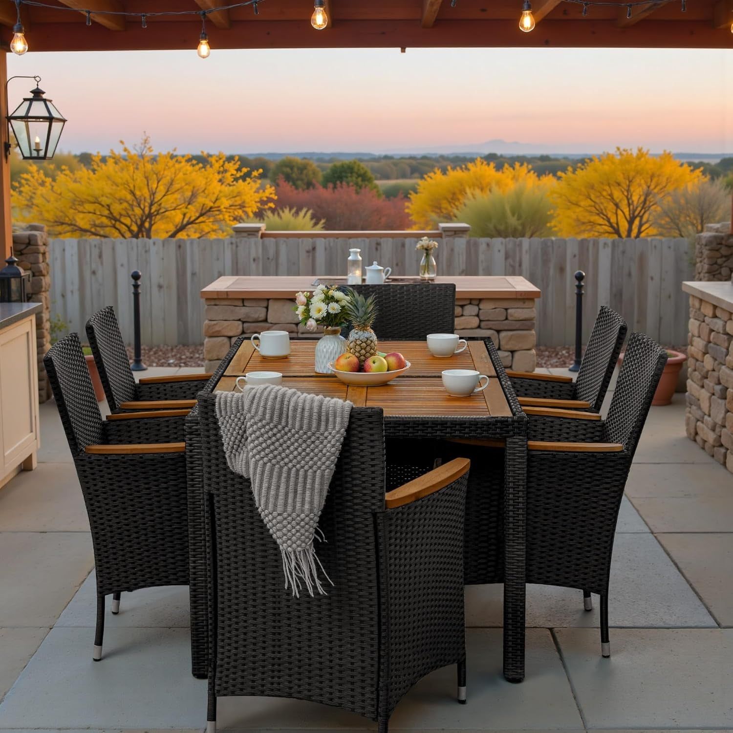 7 Pieces Outdoor Patio Dining Set, Conversation Sets with 1 Table and 6 Rattan Chairs with Curved Acacia Wooden Armrests and Cushions, Black