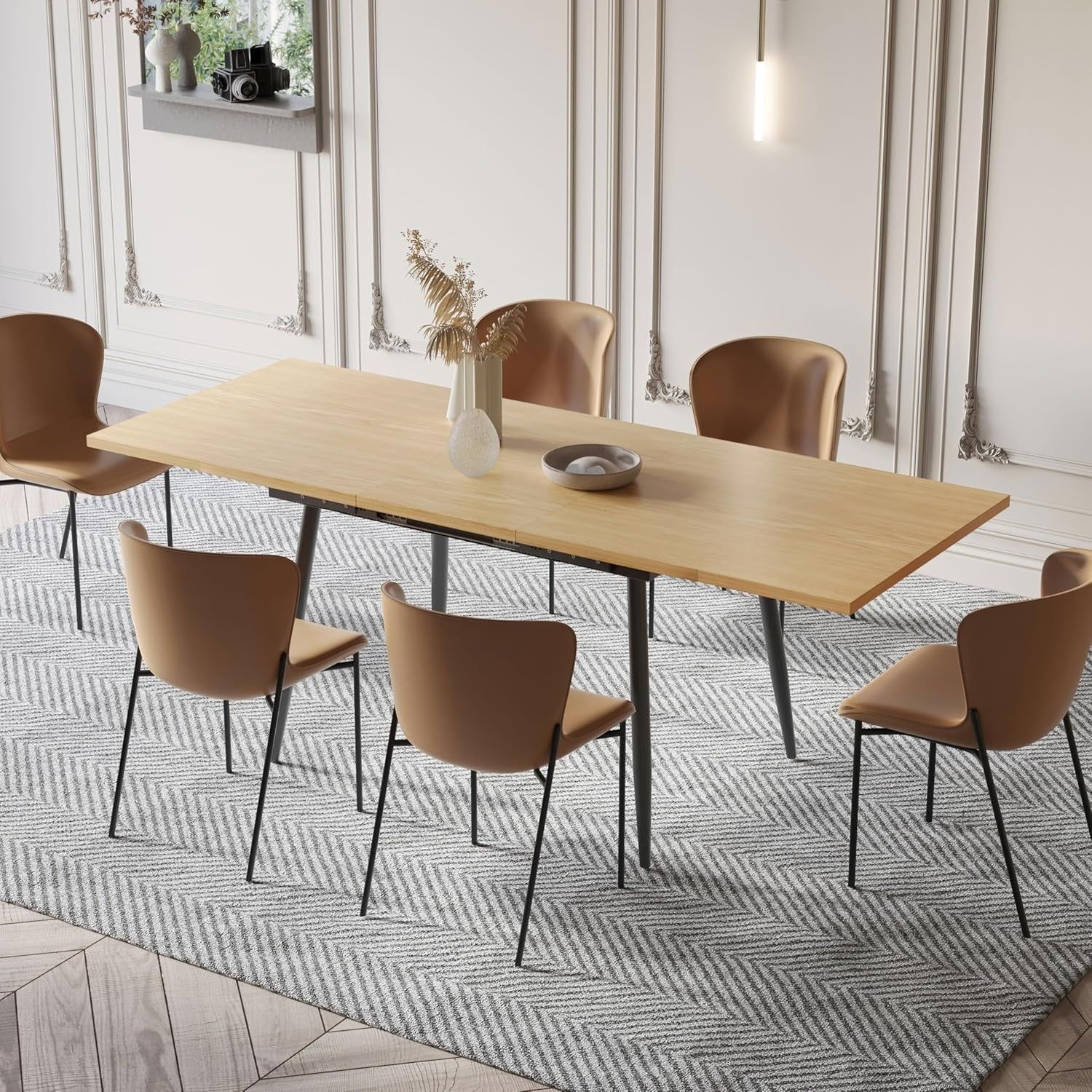 75&quot; X 32&quot; Extendable Dining Table - Rectangle Wooden Table Top with Metal Legs, Space-Saving Extendable 59&quot; to 75&quot; Dining Kitchen Table (Rectangle, Natural)