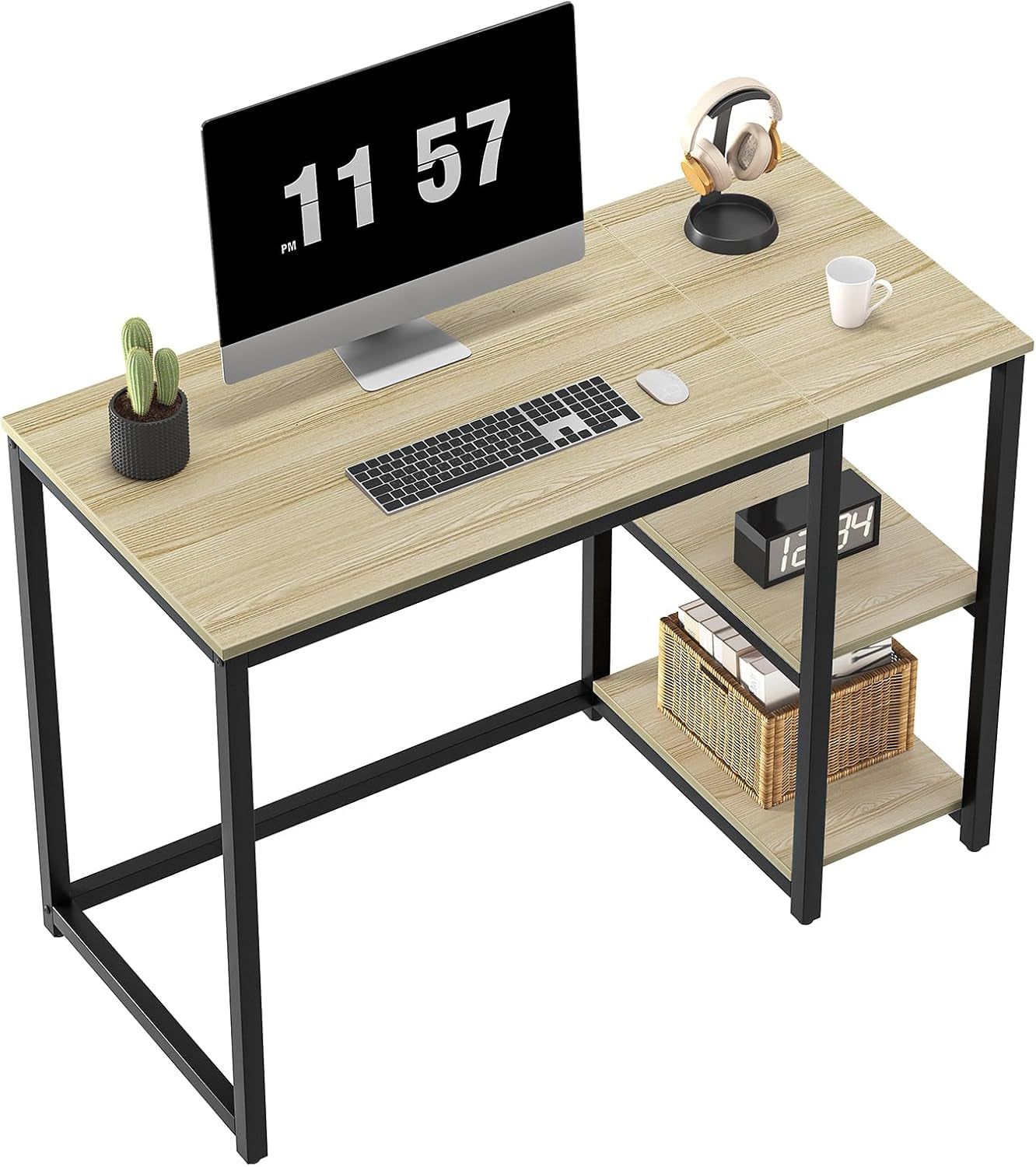 Computer Desk 40 Inches with 2-Tier Shelves Sturdy Home Office Desk with Large Storage Space Modern Gaming Desk Study Writing Laptop Table, Oak
