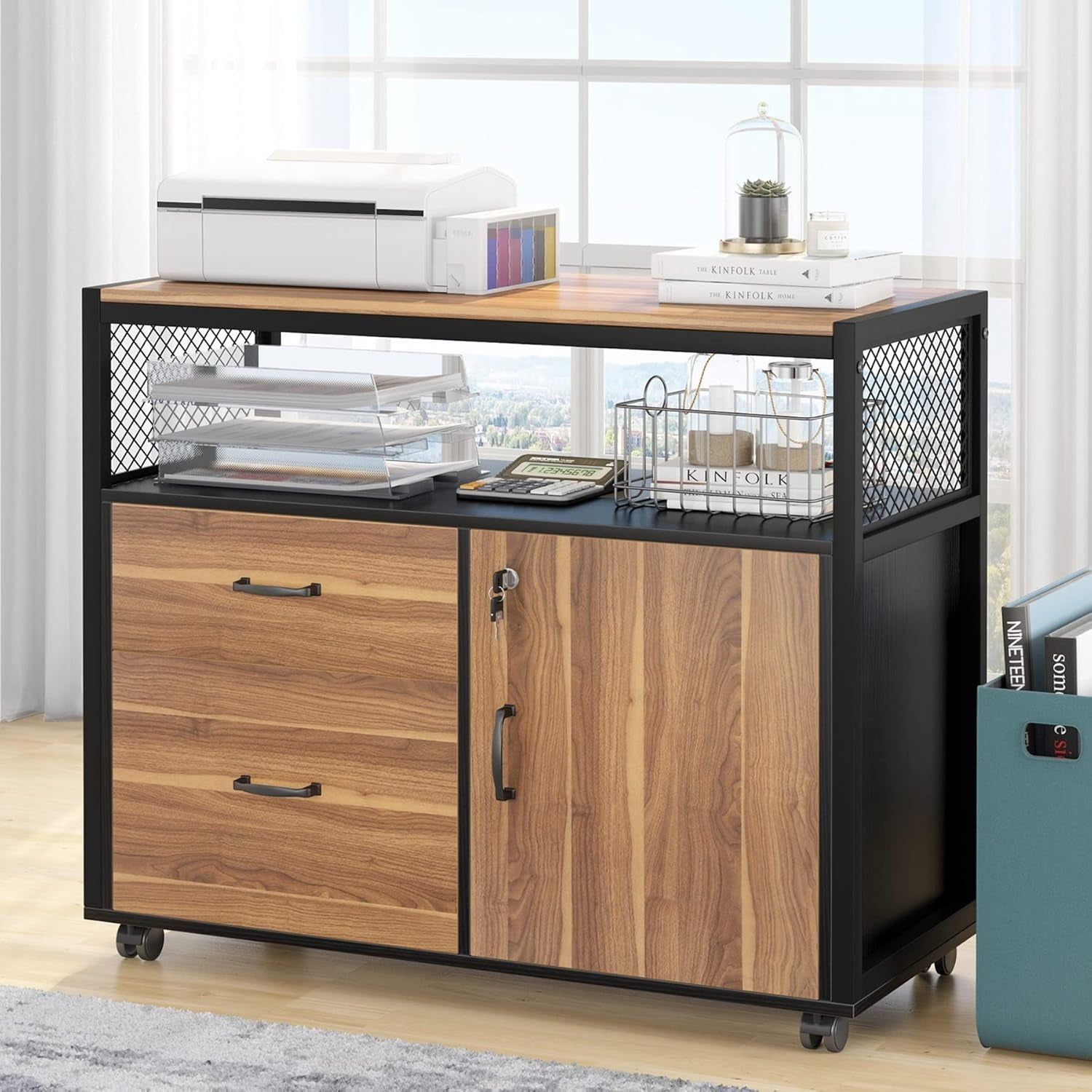Modern File Cabinet with Drawers for Letter-Size, Lockable Lateral Filing Cabinet Printer Stand with Door&amp; Caster for Home Office.Desk Not Included