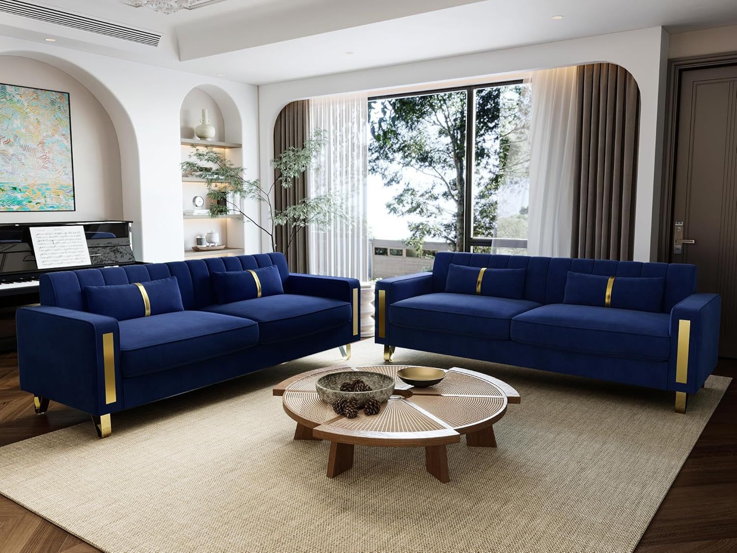2-Piece Loveseat Couch Set for Living Room, 86&quot; Blue Velvet Sofa Couch with 4 Pillows &amp; Gold Metal Legs, Modern Upholstered Sofa Set Love Seat Sectional Couches for Apartment Home Office