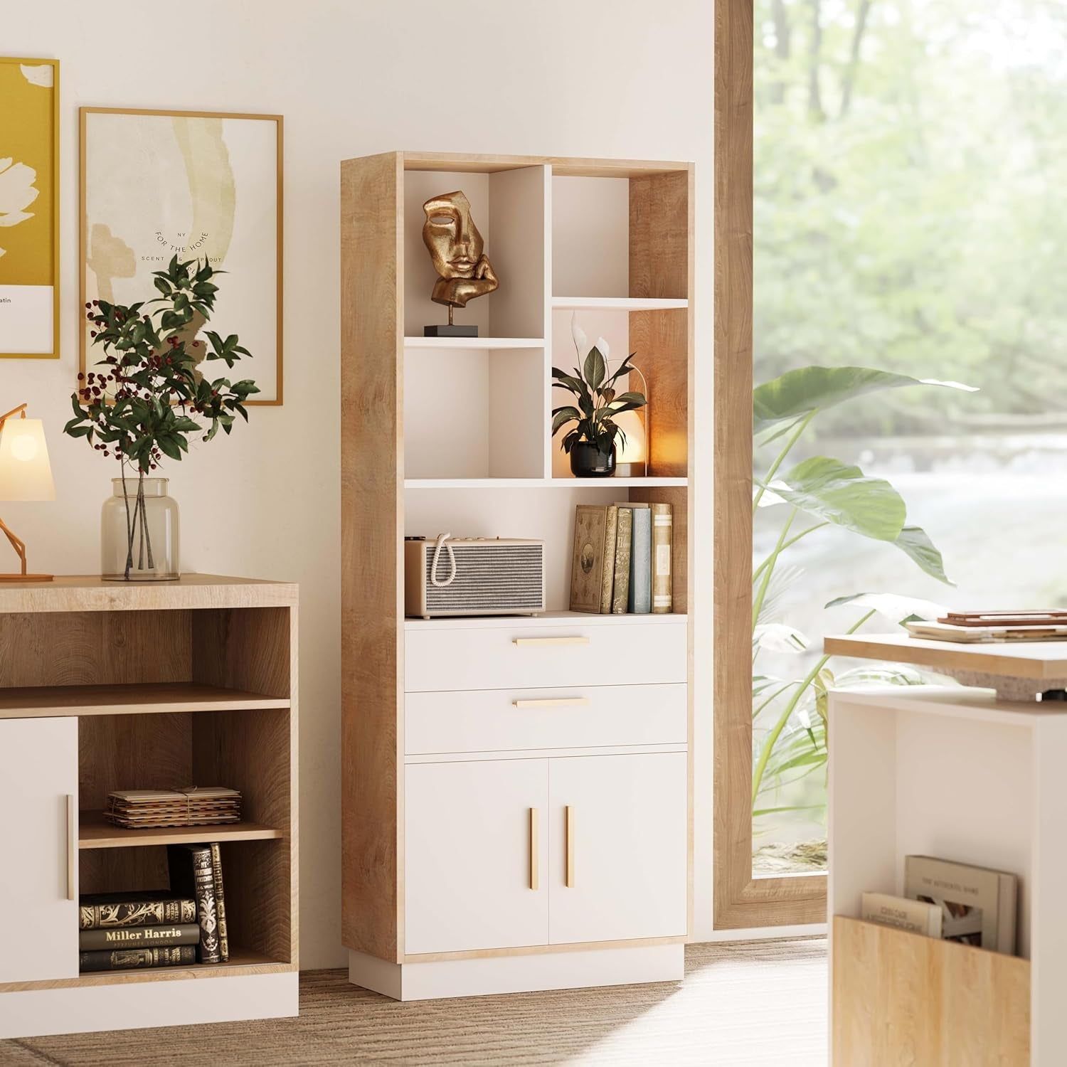 Book Shelf with Storage, Tall Bookshelf with 2 Drawers and Doors, Modern Bookcase with 5 Open Cubes, Wooden Bookshelf for Home and Office, Living Room, Study, Light Walnut