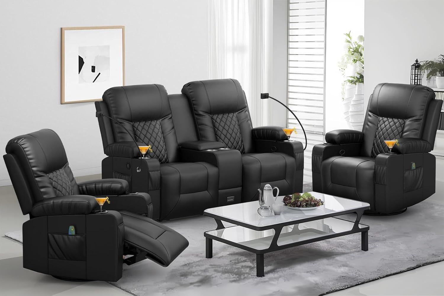 Living Room Furniture Set, Loveseat Recliner and 2PC Massage Recliner Chair, Luxury Reclining Sofa 3PC Set for Living Room (2+1+1)