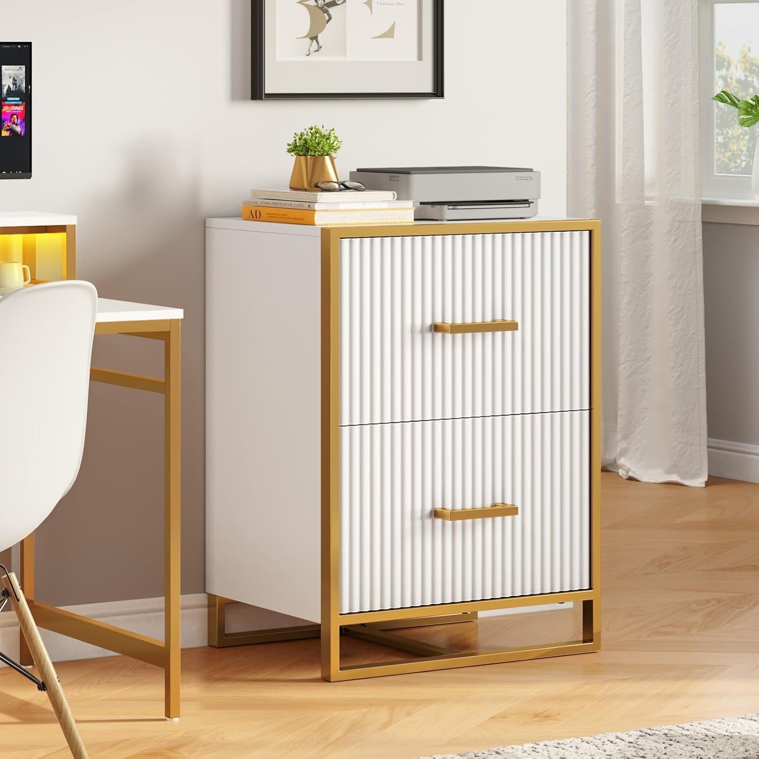 2 Drawer File Cabinet, Lateral Filing Cabinet for Home Office, White and Gold
