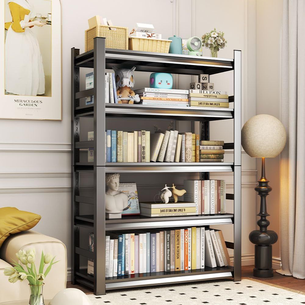 Book Shelf, 5 Tier Metal Wide Book Shelves, Heavy Duty Bookcase, Adjustable Bookshelf, Tall Book Shelf for Living Room &amp; Bedroom and Library, Black Book Shelf (35.4&quot; W*16&quot; D*72&quot; H)