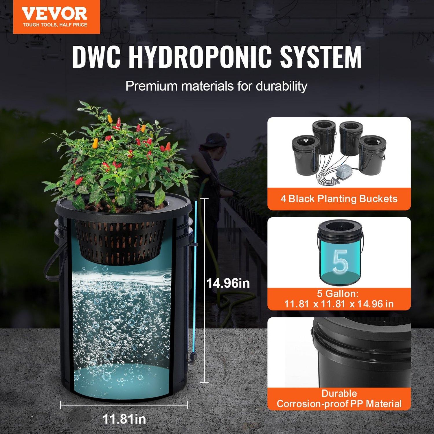 VEVOR DWC Hydroponics Grow System Deep Water Culture with Top Drip 4 Buckets, Sytle: 4 Buckets+Top Drip Kit