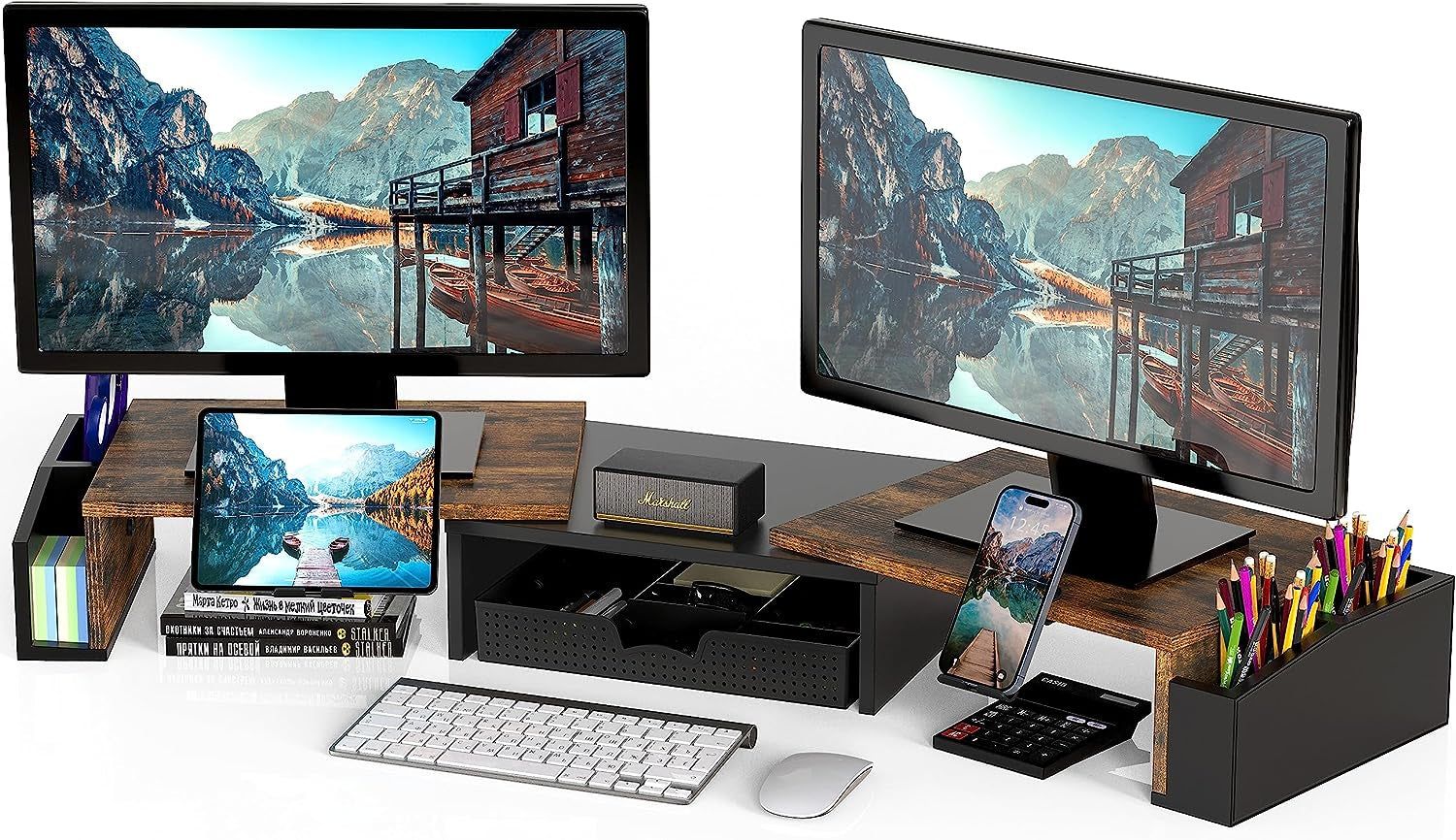 Desk Dual Monitor Stand Riser with Drawer, Rustic Brown