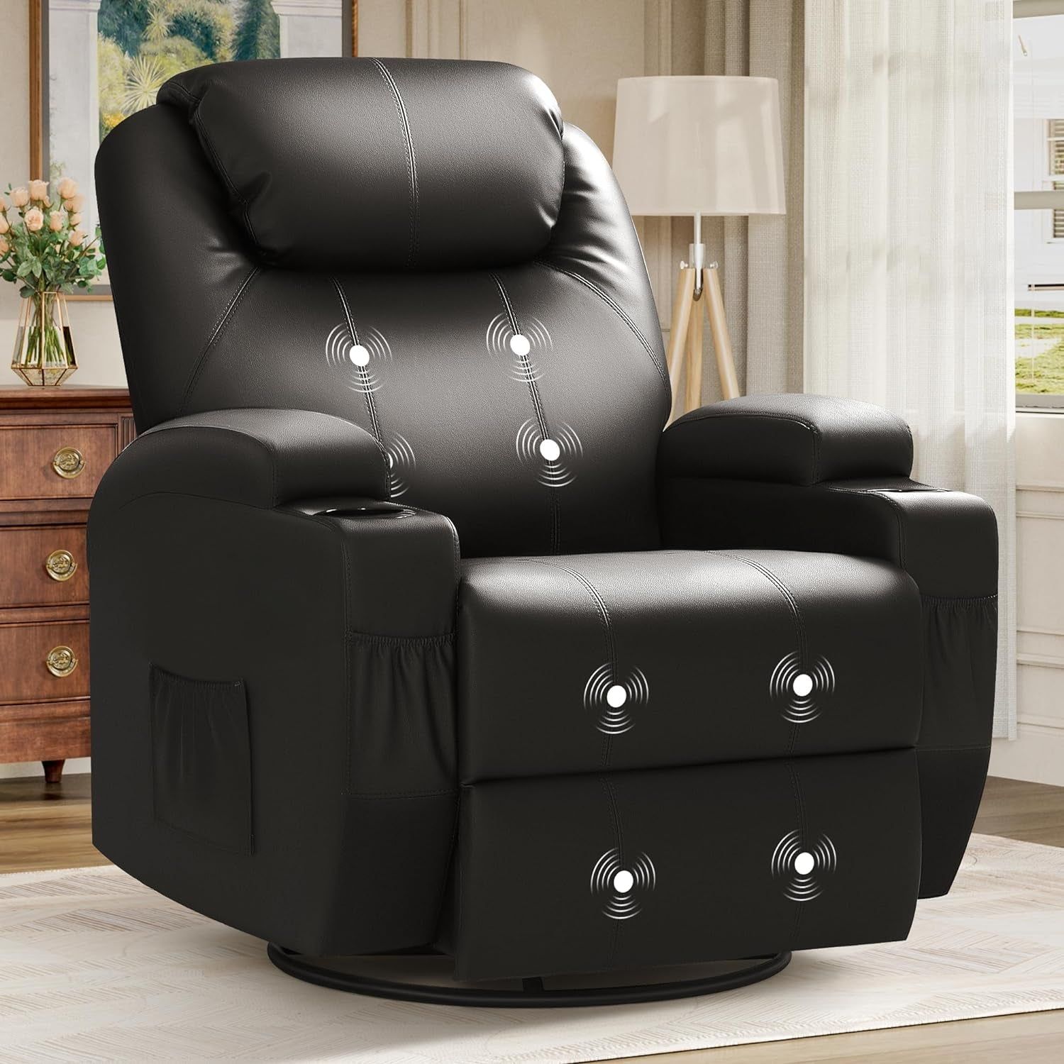 Recliner Chair, Rocking Massage Chairs, Home Reclining Sofa Chair, PU Leather, Ergonomic Living Room Chair with Cup Holders, Remote Control (Black)