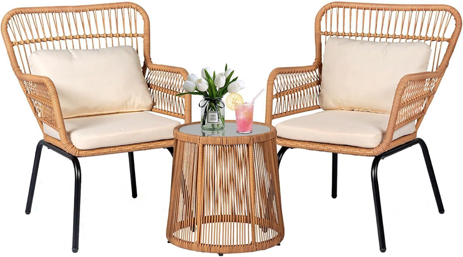 3 Pieces Outdoor Wicker Bistro Patio Furniture Set, Porch Furniture Rattan Conversation Sets with Side Table and Cushions for Garden Poolside Backyard, Yellow/Beige