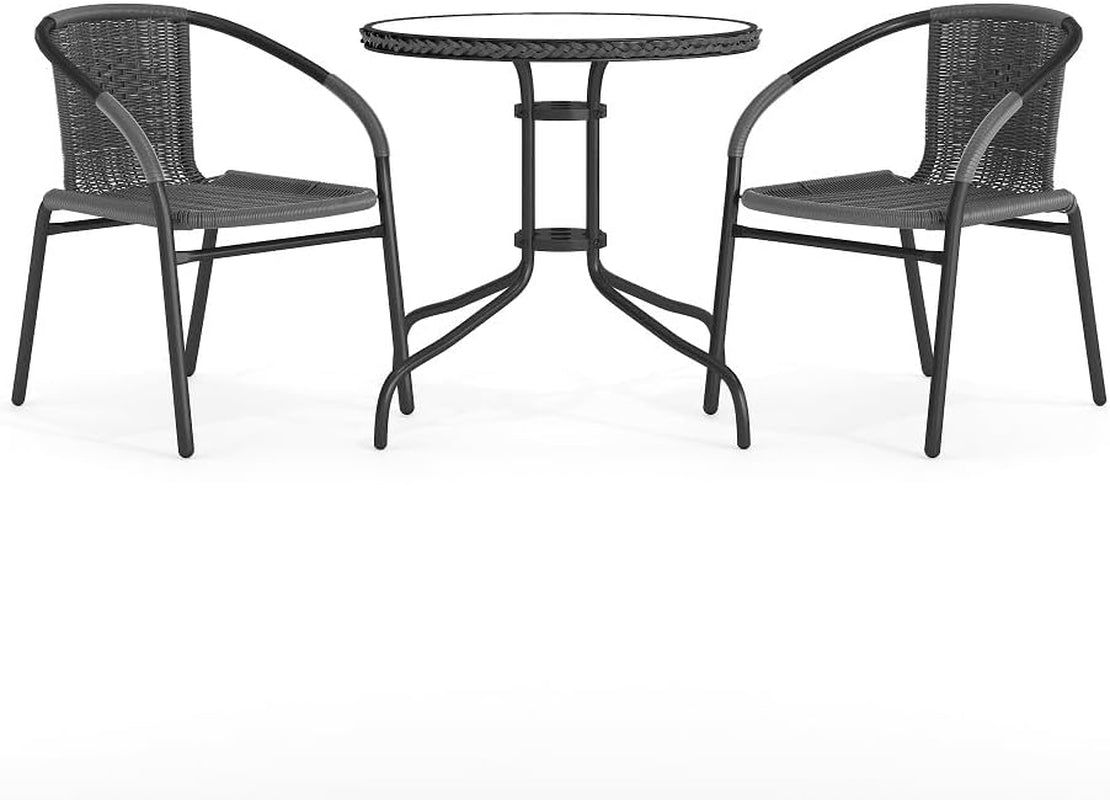 3-Piece Patio Dining Set with round Glass Metal Table and 2 Stackable Rattan Chairs, Indoor/Outdoor Bistro Table and Chairs Set, Gray