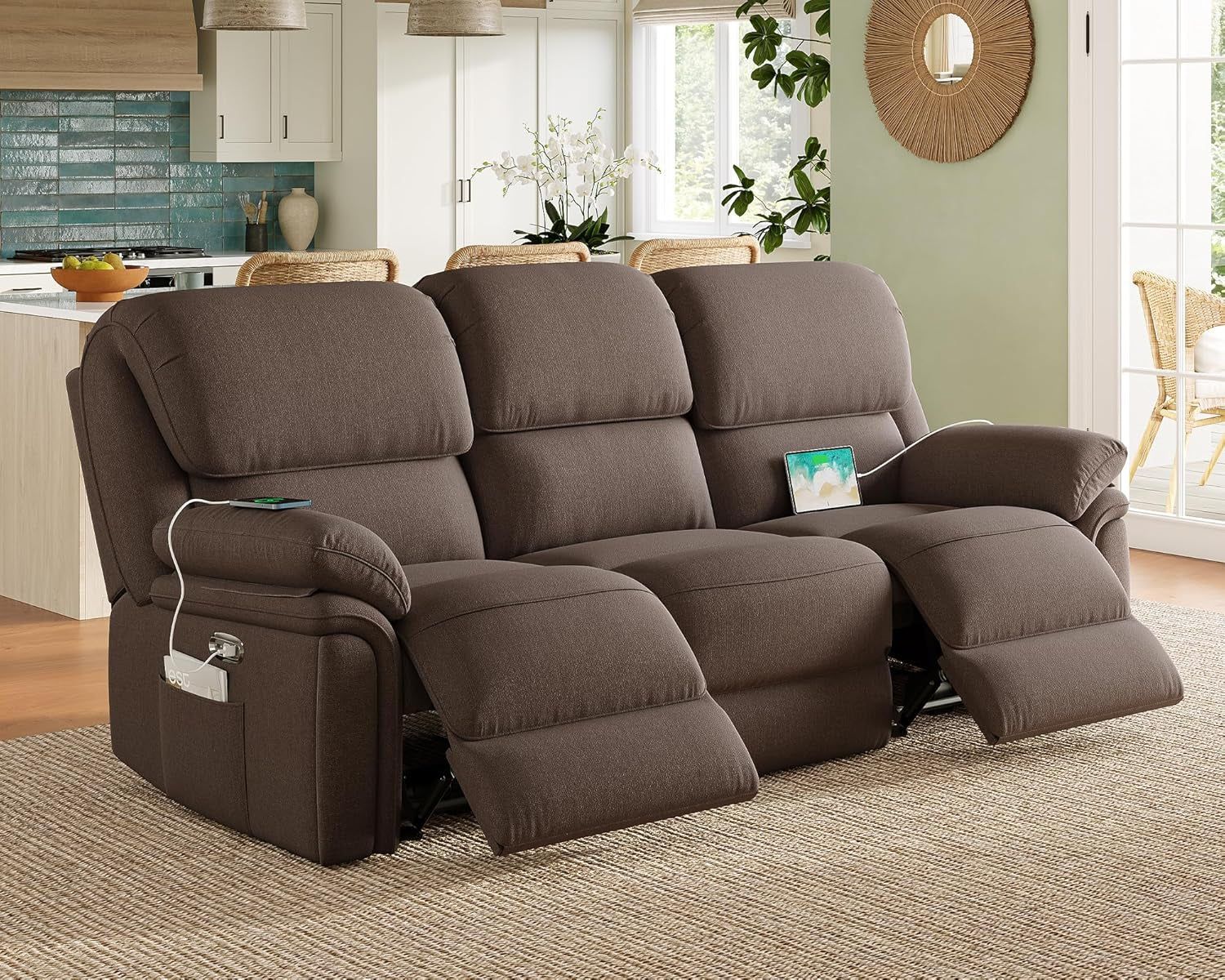 Power Recliner Sofa, Home Theater Seating Seats with Type-C Charging Ports, Electric Reclining Sofa for Living Room, Home Theater, Brown Chenille