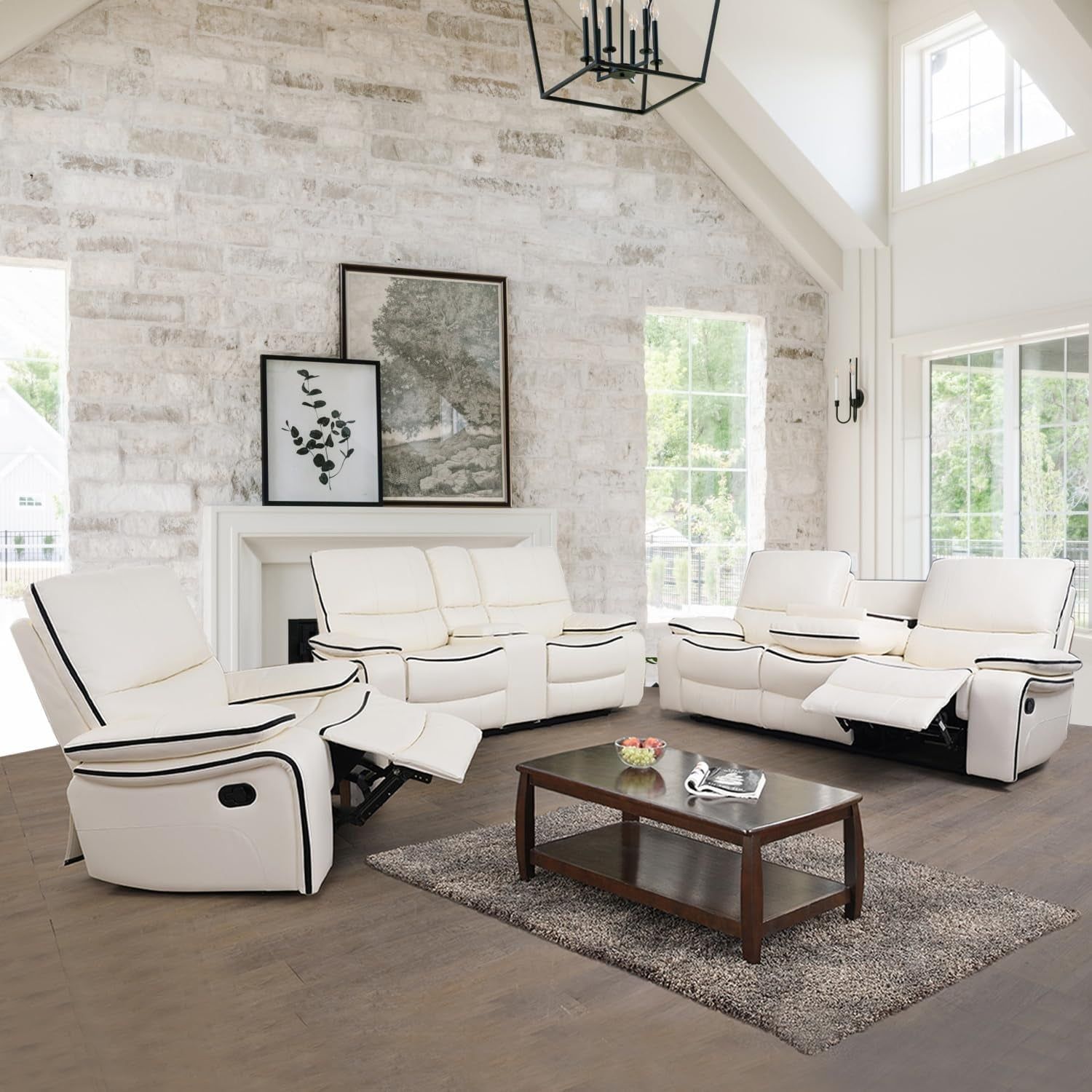 Leather Recliner Sofa Set, Leather Couch Set for Living Room, Living Room Furniture Set with Storage Console &amp; Cup Holder for Living Room/Office (Recliner Couch Set) Creamy White