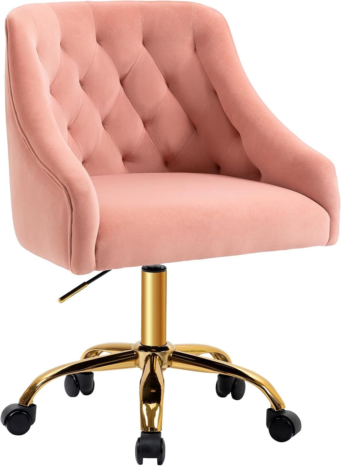Velvet Office Swivel Chair, Vanity Chair, Fabric Desk Chair, Pretty Fancy Chair, Gold Office Chair for Girls, 360°Swivel Height Adjustable Reception Chair (Pink)