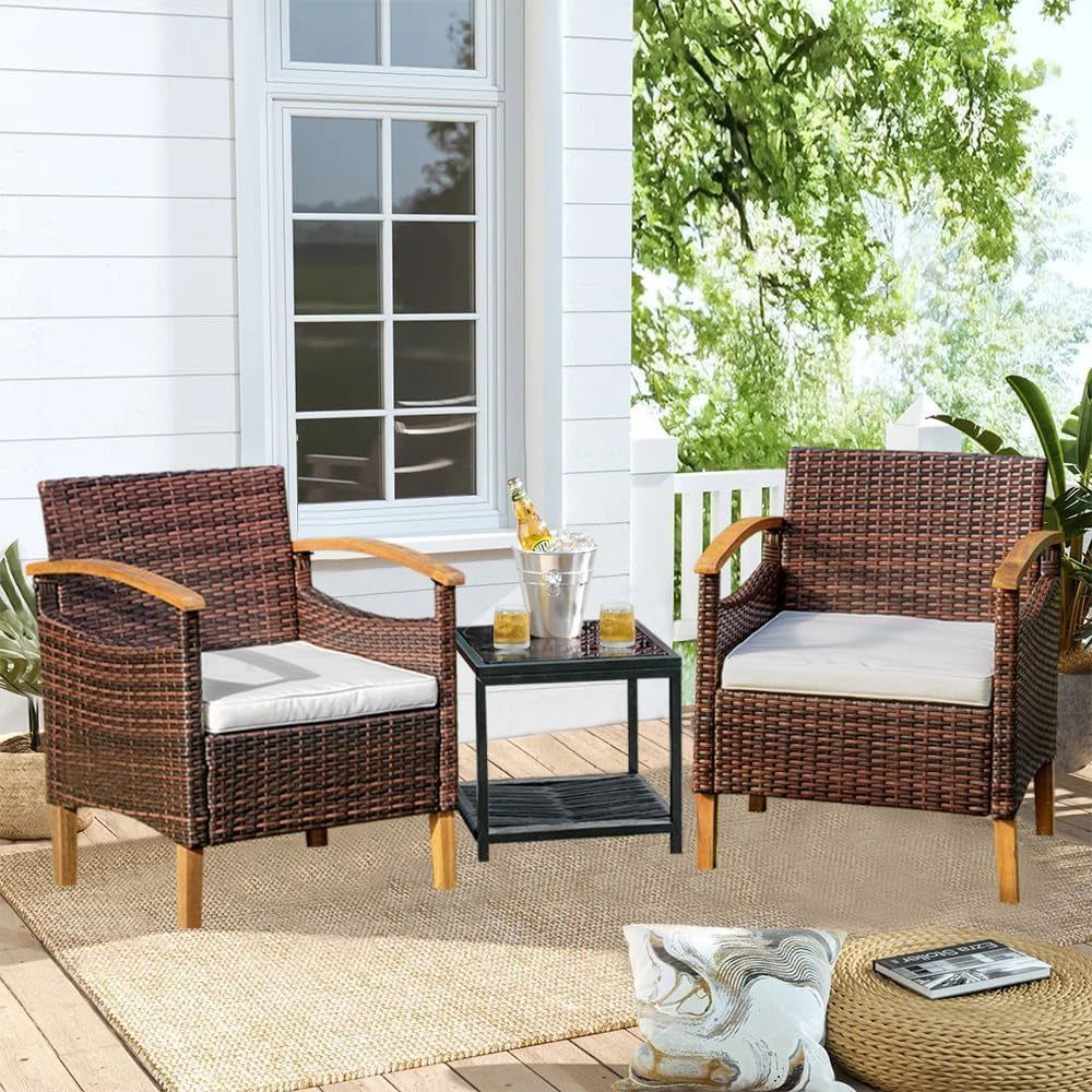 3PCS Outdoor Patio Furniture Set Outdoor Furniture Set with Table outside Lawn Patio Chairs Set of 2 Patio Conversation Sets Bistro Wicker Patio Set for Backyard Porch Balcony Garden (Brown)