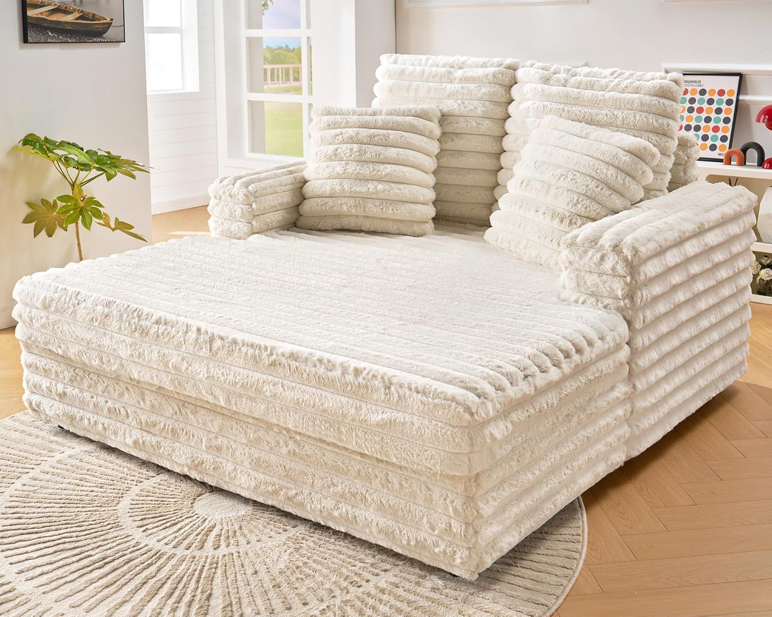 53.5 Inch Chaise Lounge Indoor, Upholstered Sofa Bed with Throw Pillows and Armrests, Sleeper Chair- Plush Chair Bed for Living Room, Off-White