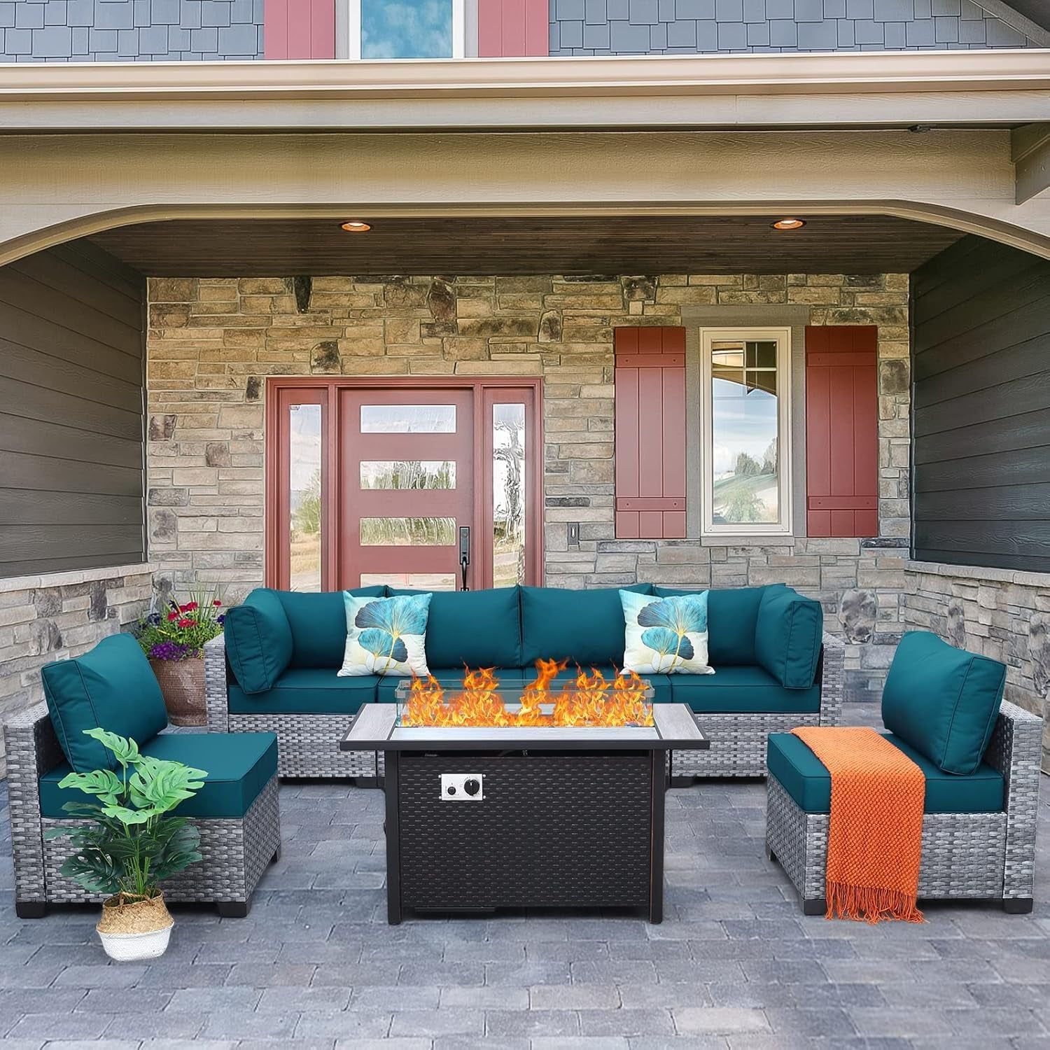 7 Pieces Wicker Patio Furniture Set,Pe Rattan Outdoor Sectional Conversation Sofa Set with Fire Pit Table, Non-Slip Cushions and Furniture Cover, Peacock Blue