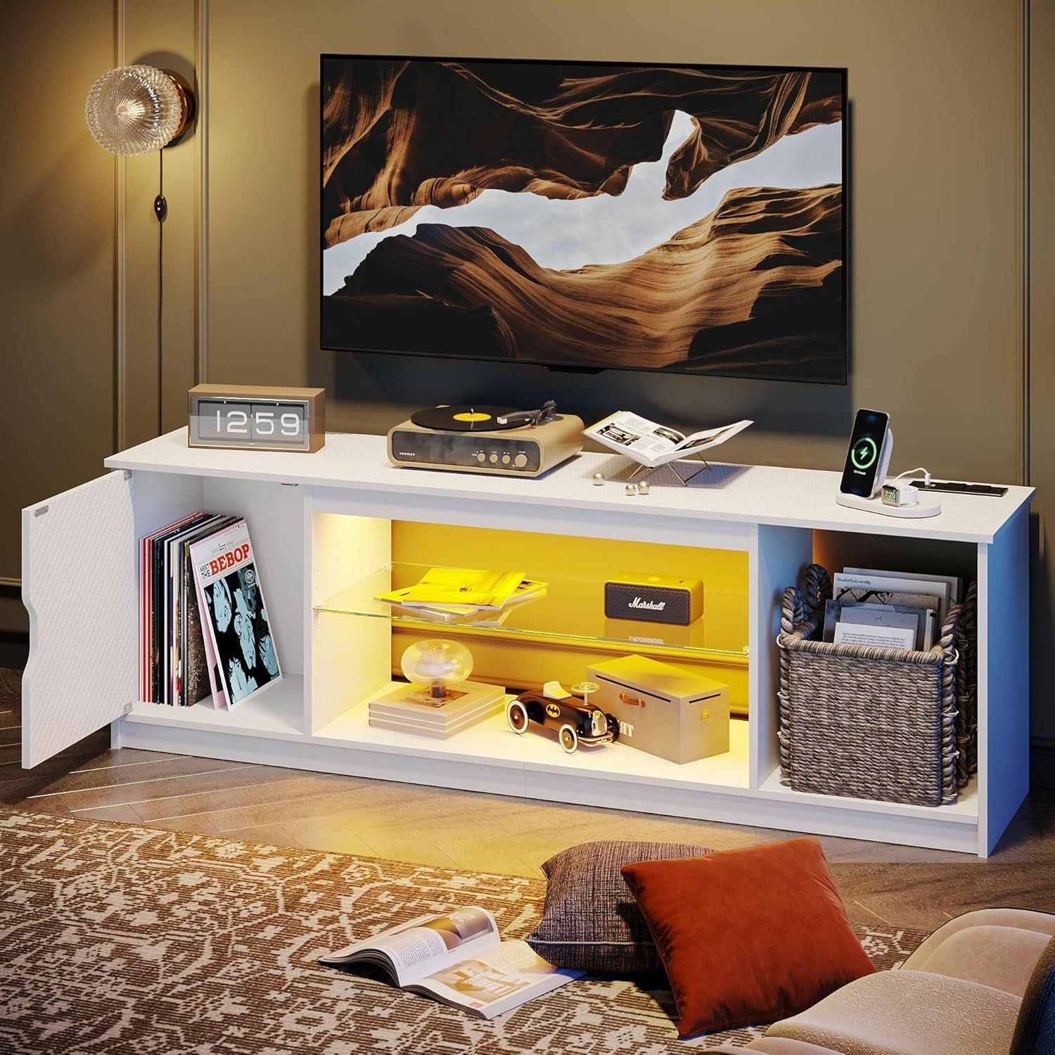 LED TV Stand with Power Outlets for 55/60/65 Inch TV, Gaming Entertainment Center with Cabinet for PS5, Modern TV Cabinet with Adjustable Glass Shelves for Bedroom 58 Inch Carbon Fiber White