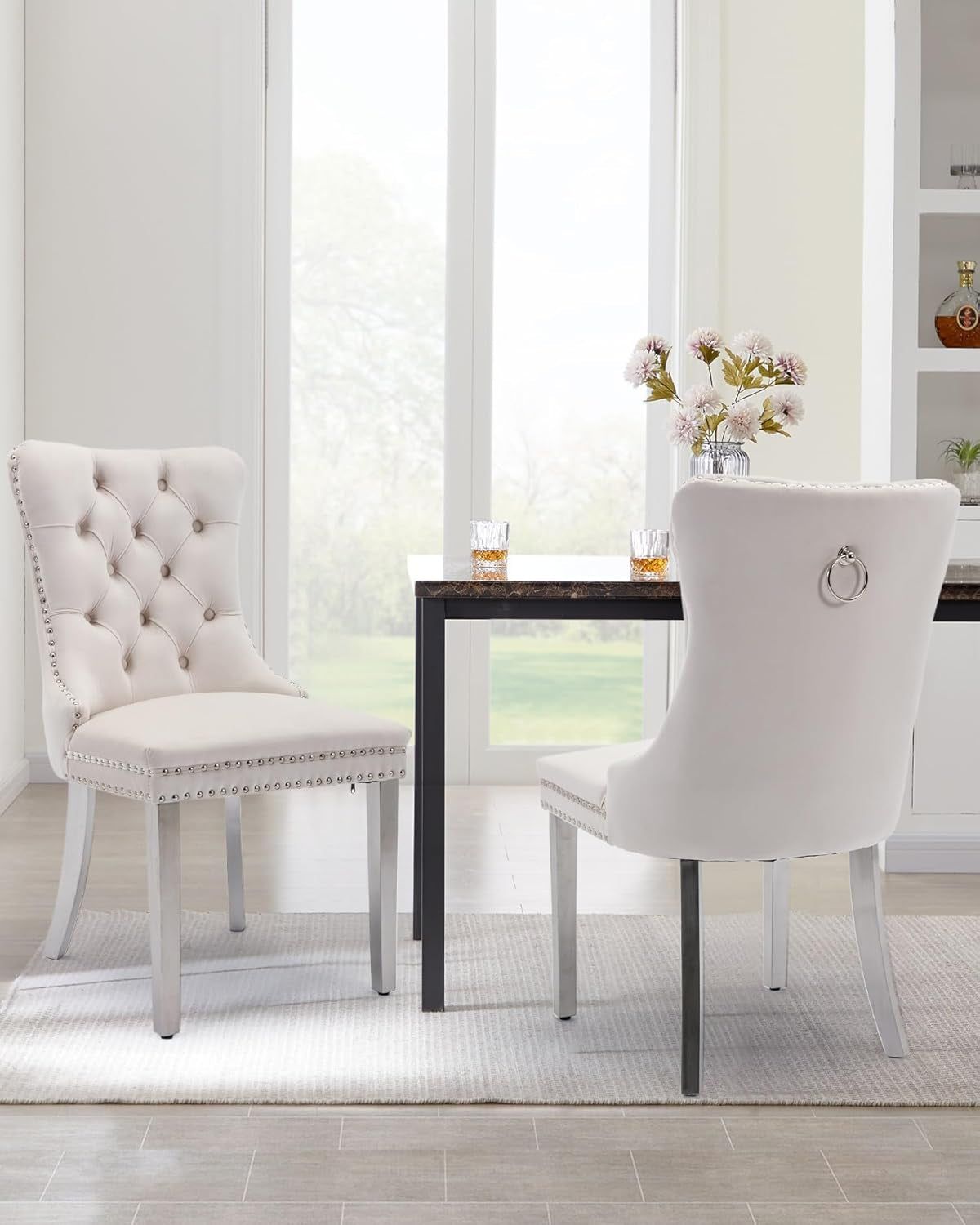 Velvet Dining Chair Set of 2 Upholstered Tufted Dining Room Chair with Nailhead Trim and Stainless Steel Silver Plated Legs for Kitchen, Restaurant, Beige