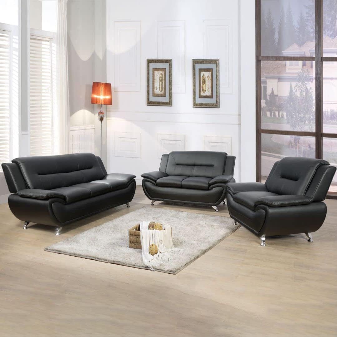 3PCS Faux Leather Sofa Set, Living Room Couch Set with Sofa, Loveseat and Chair (Black)