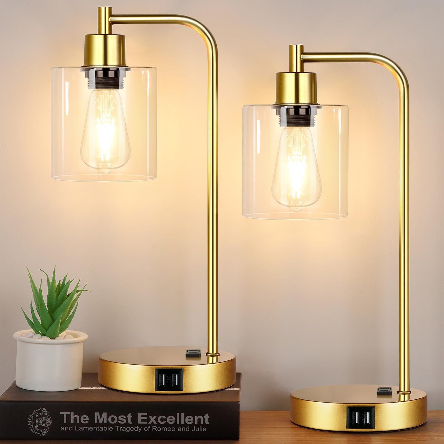 Industrial Touch Control Table Lamps Set of 2 - Gold Nightstand Bedside Lamps with 2 USB Ports &amp; AC Outlet, 3-Way Dimmable Desk Lamp for Bedroom Living Room, Glass Shade &amp; 2 LED Bulbs Included