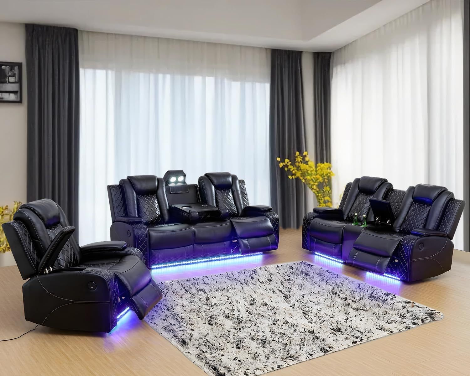 Leather Power Recliner Sofa Set with LED, Living Room Furniture Set, Leather Sofa Set with USB Port Storage Console Cup Holder (Power Reclining Sofa Set, Black)