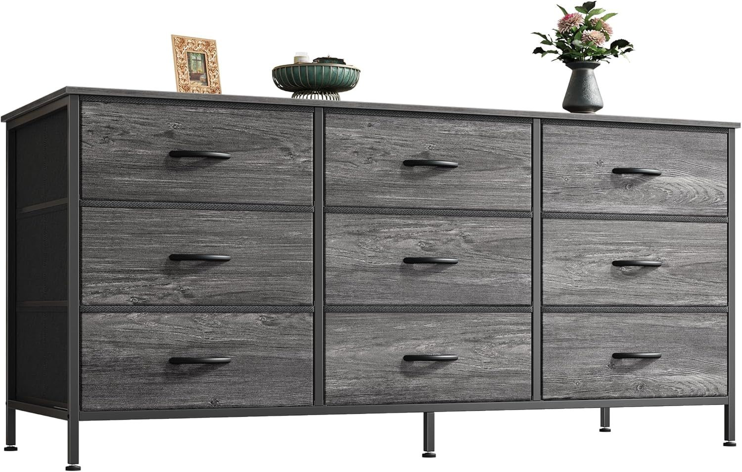 9 Drawer Dresser, 47 Inch Dresser TV Stand for 50, 55 Inch TV, Entertainment Center with Drawers, Fabric Dresser Chest of Drawer for Bedroom, Closet, Grey